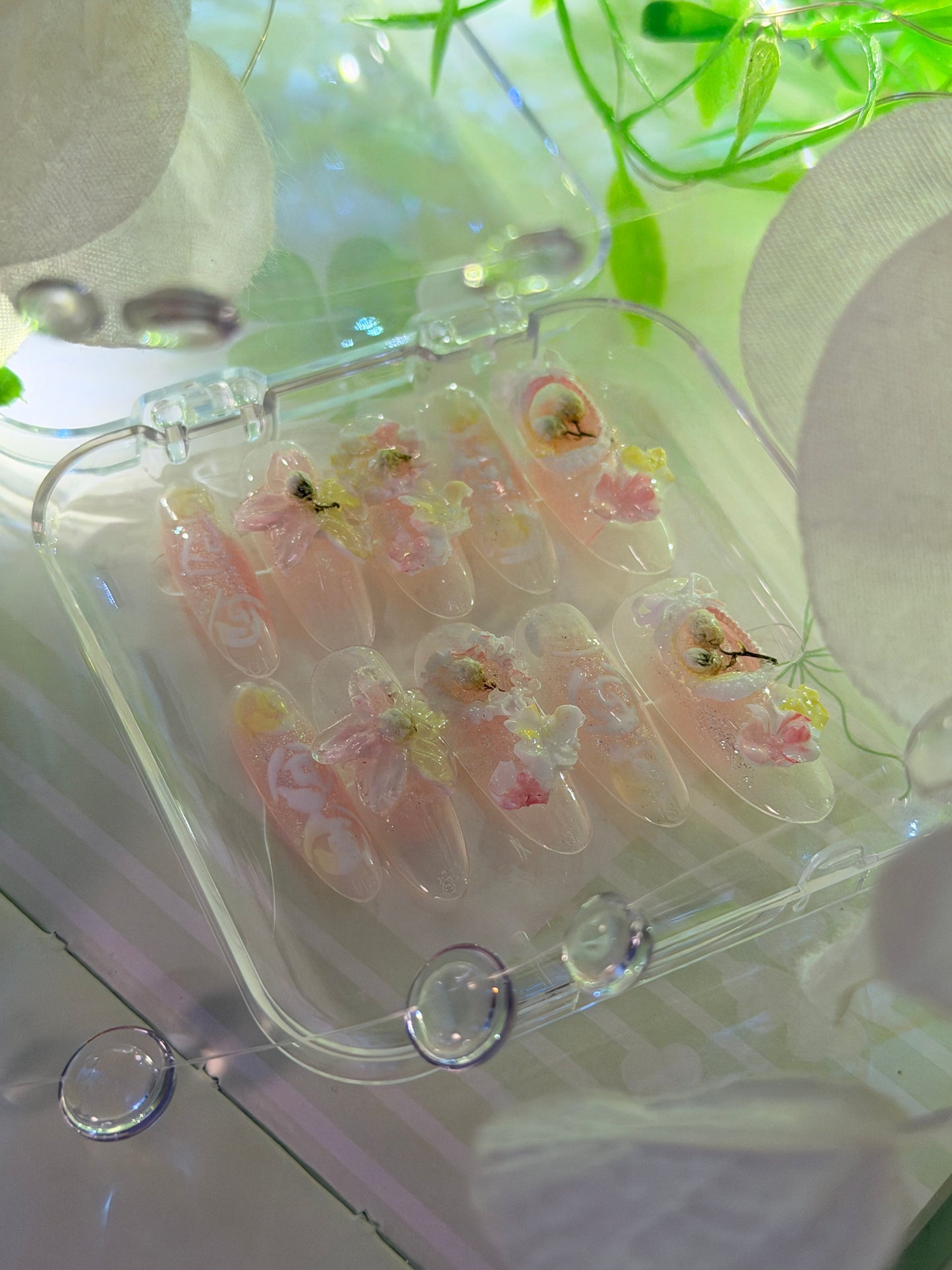 ONLY 1 Left Handmade False Nails Green Pink Oval Fairy Forest 3D Flower Rococo Style Press On Nails（#884）