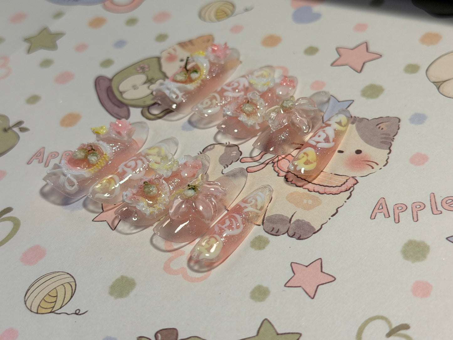 ONLY 1 Left Handmade False Nails Green Pink Oval Fairy Forest 3D Flower Rococo Style Press On Nails（#884）