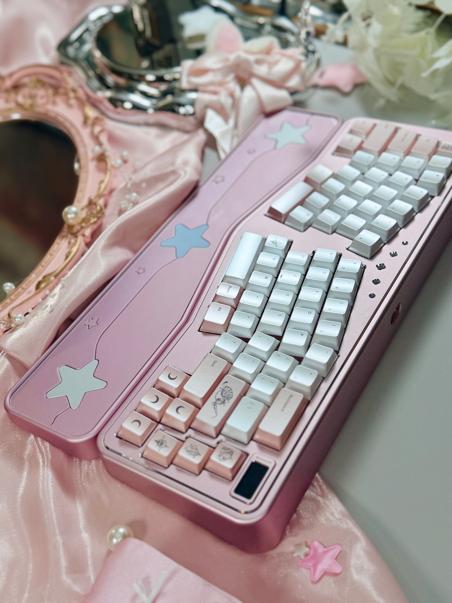 ONLY 1 Instock Prebuilt Aluminum Custom Mechanical Keyboard Staralice Ergonomic Anodized Pink Set including Wristrest Keycaps & switches