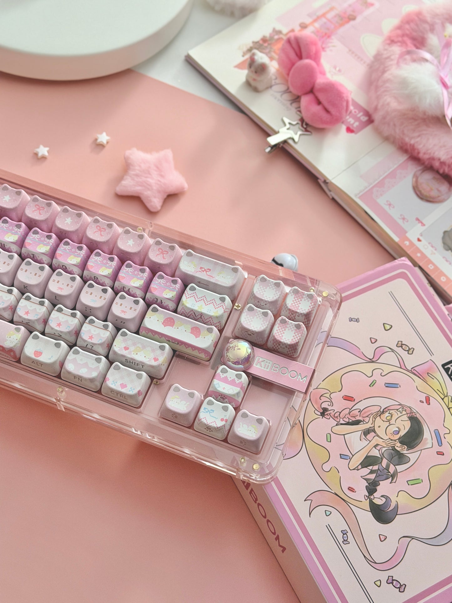 Unboxing Clearance ONLY 1 KiiBOOM Phantom 68 Pink Crystal Gasket-Mounted Mechanical Keyboard & KiiBOOM Pink Meow Keycap Set