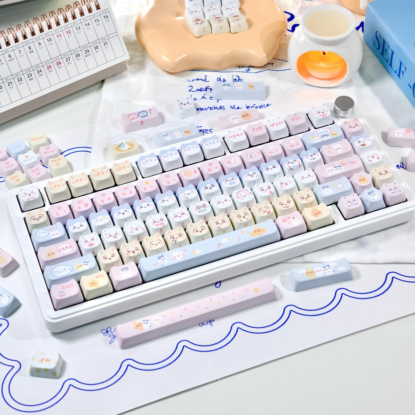 113 Chikawa Pastel Blue Pink Yellow Cute Kitten Head Keycap