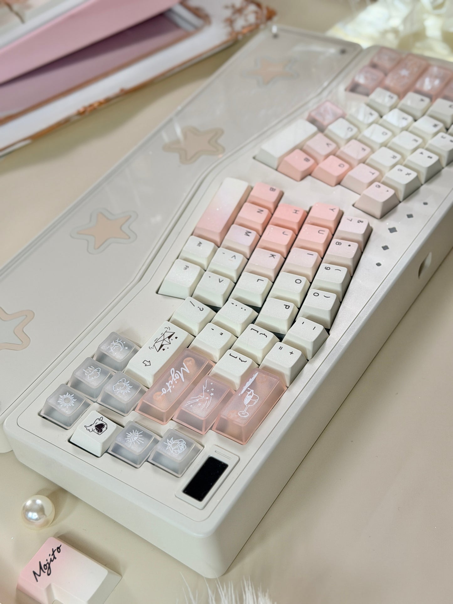 ONLY 1 Instock Prebuilt Aluminum Customized Mechanical Keyboard Staralice Cream White Set With Wristrest & Bow Pad