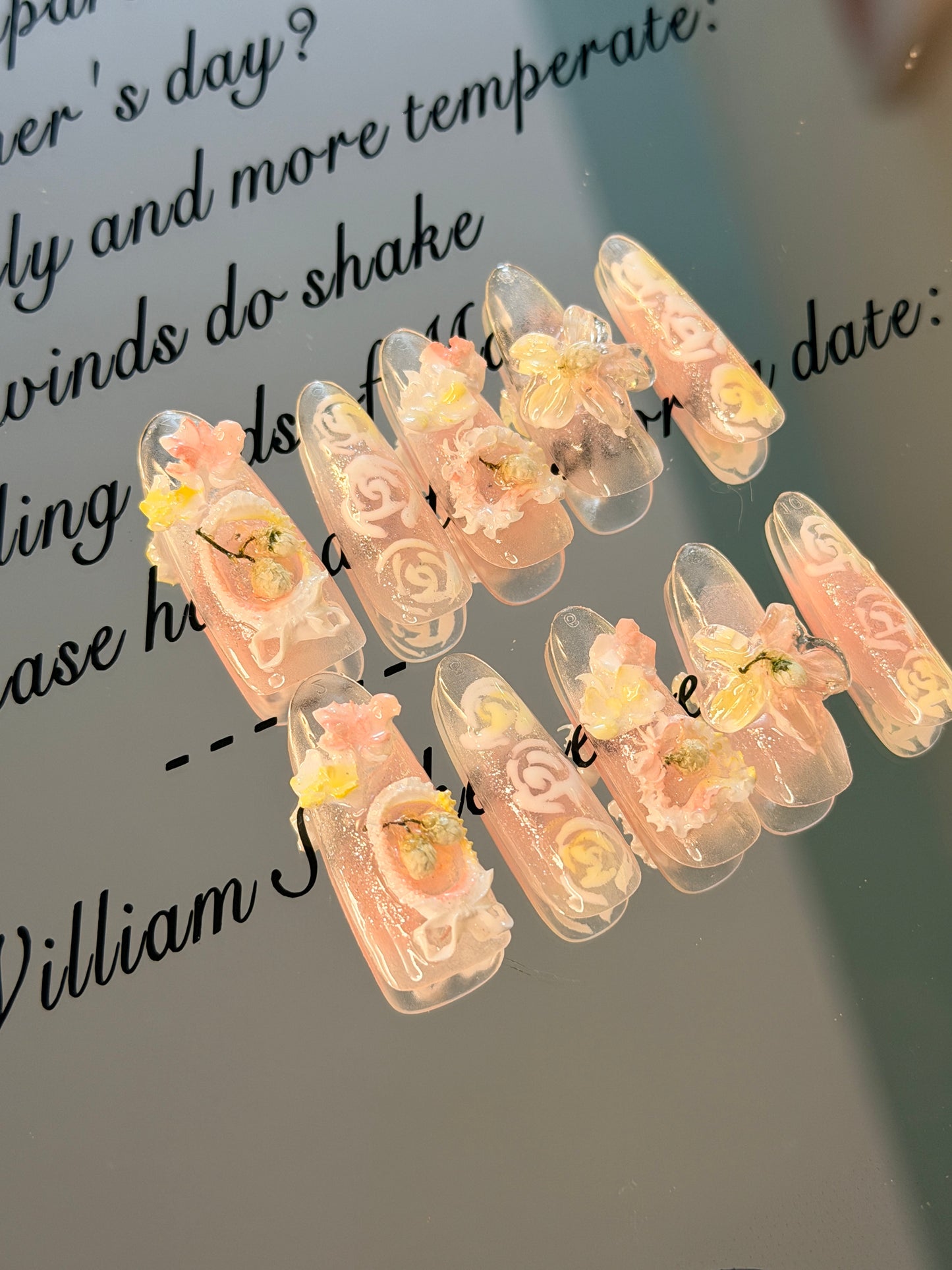 ONLY 1 Left Handmade False Nails Green Pink Oval Fairy Forest 3D Flower Rococo Style Press On Nails（#884）