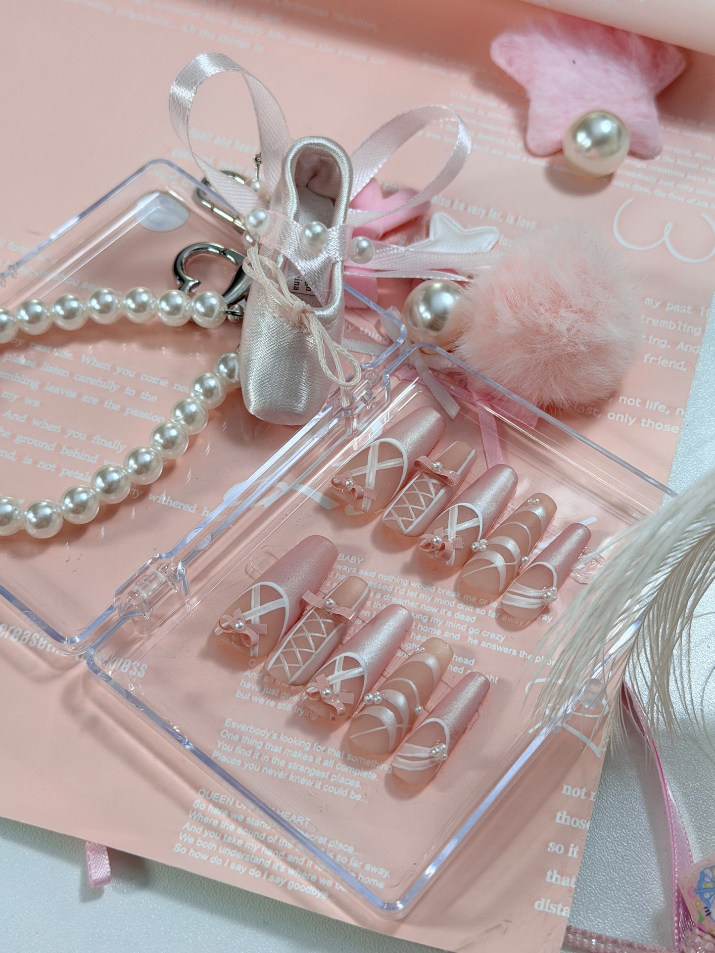 Pearl Pink Ballet Lace Bow Pattern Press On Nails Long Coffin