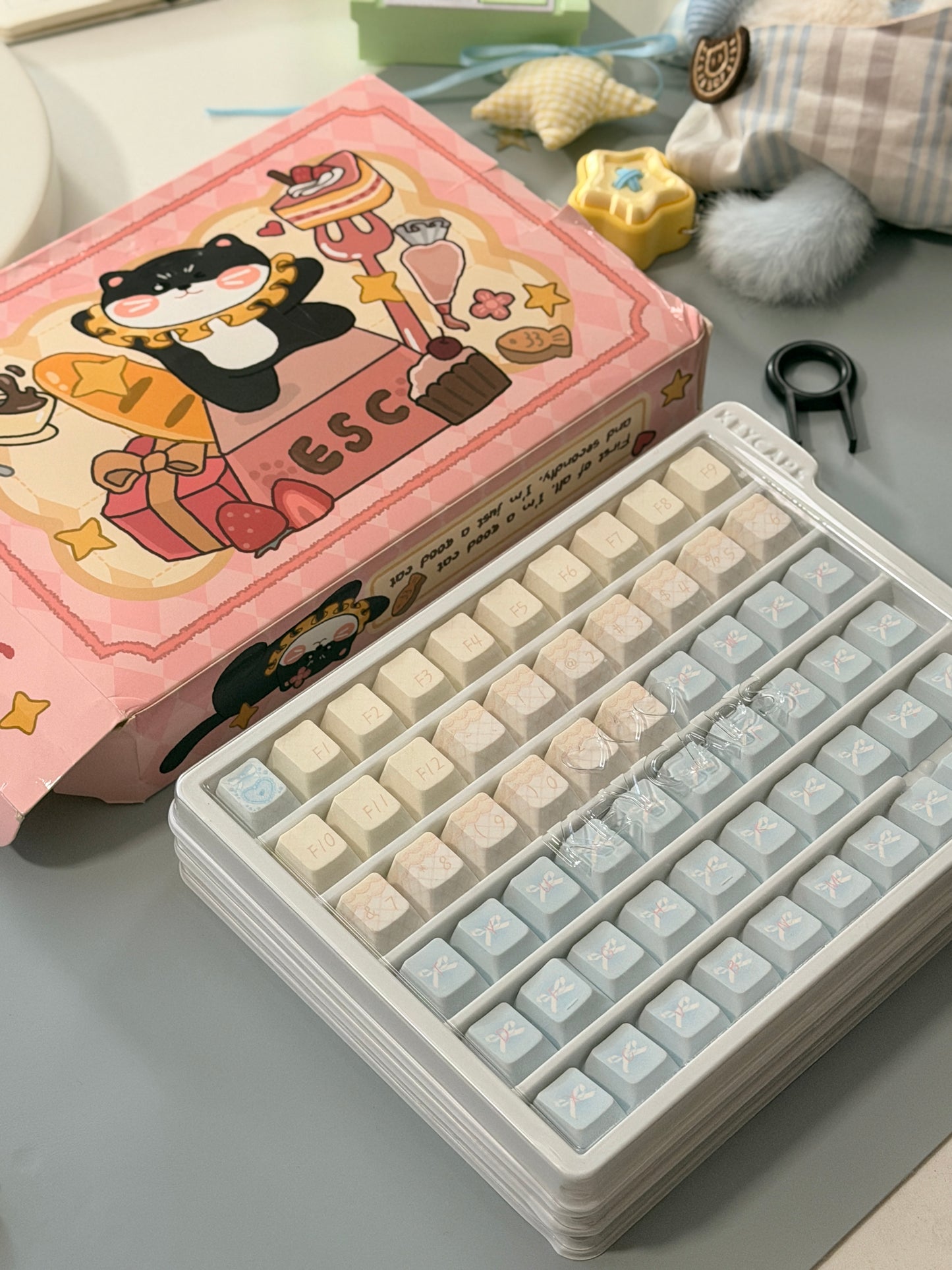 #0303 Aqua Lace Dream Garden Keycaps | Kawaii Pastel Floral & Bow PBT Keycap Set