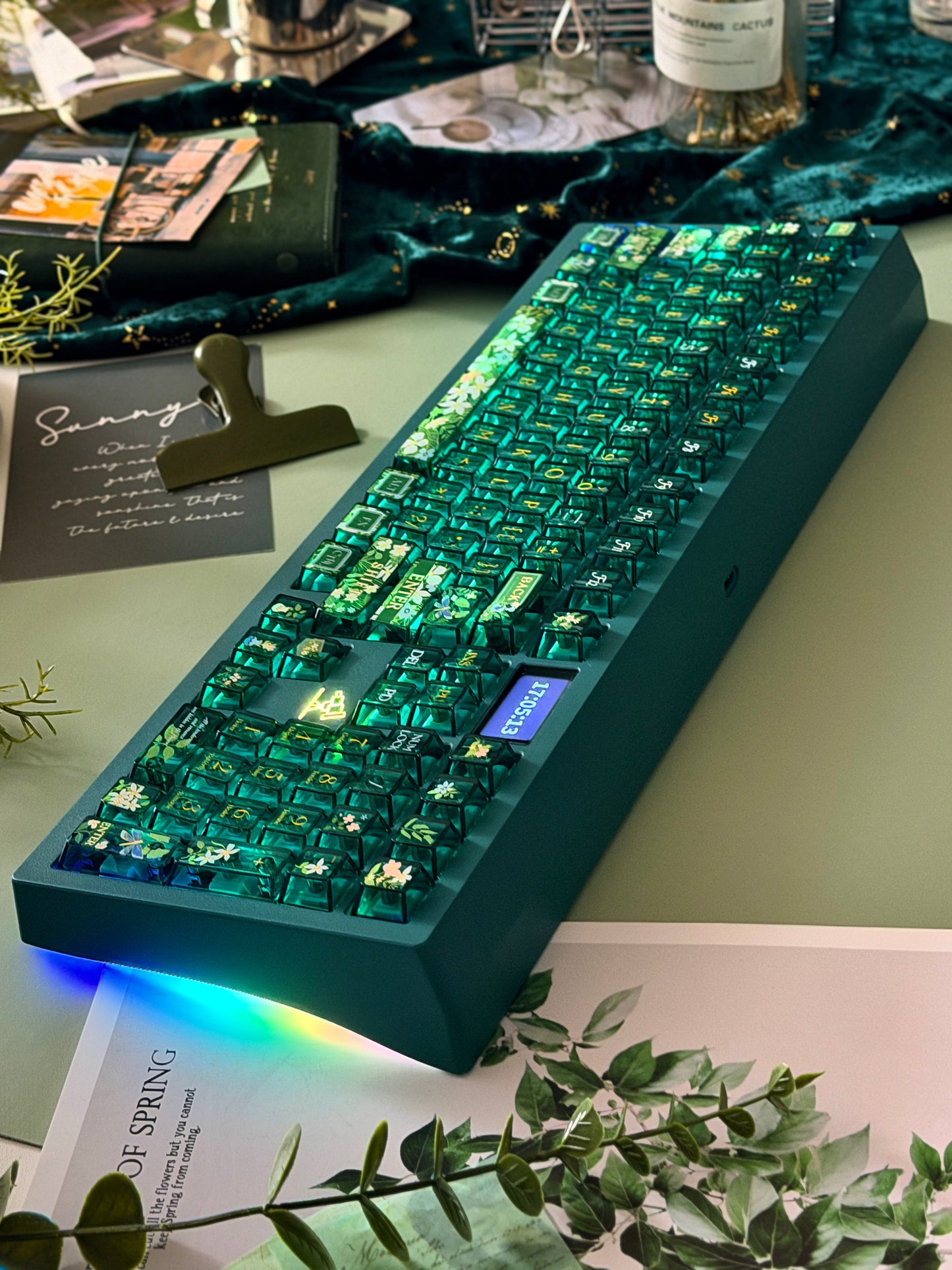 0298 Spring Flower Song | Green Clear PC Keycaps FC Profile – Dreamy Floral Transparent Keycap Set for Mechanical Keyboards