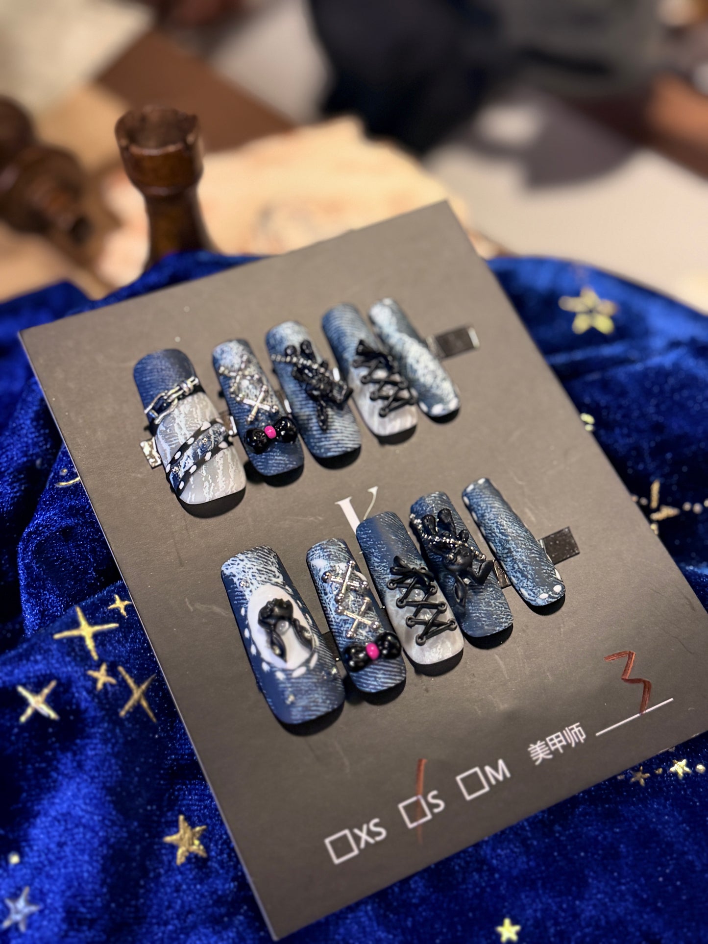 Punk Bunny 3D Lace Strap Denim Jeans Pattern Press On Nails Long Pipe Handmade Paint