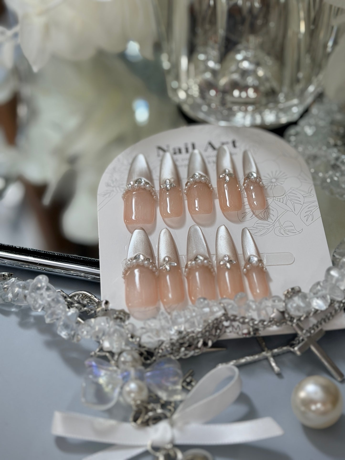 Silver Champagne Press On Nails Shimmering Diamond Pearl Long Stelitto Handmade Nail