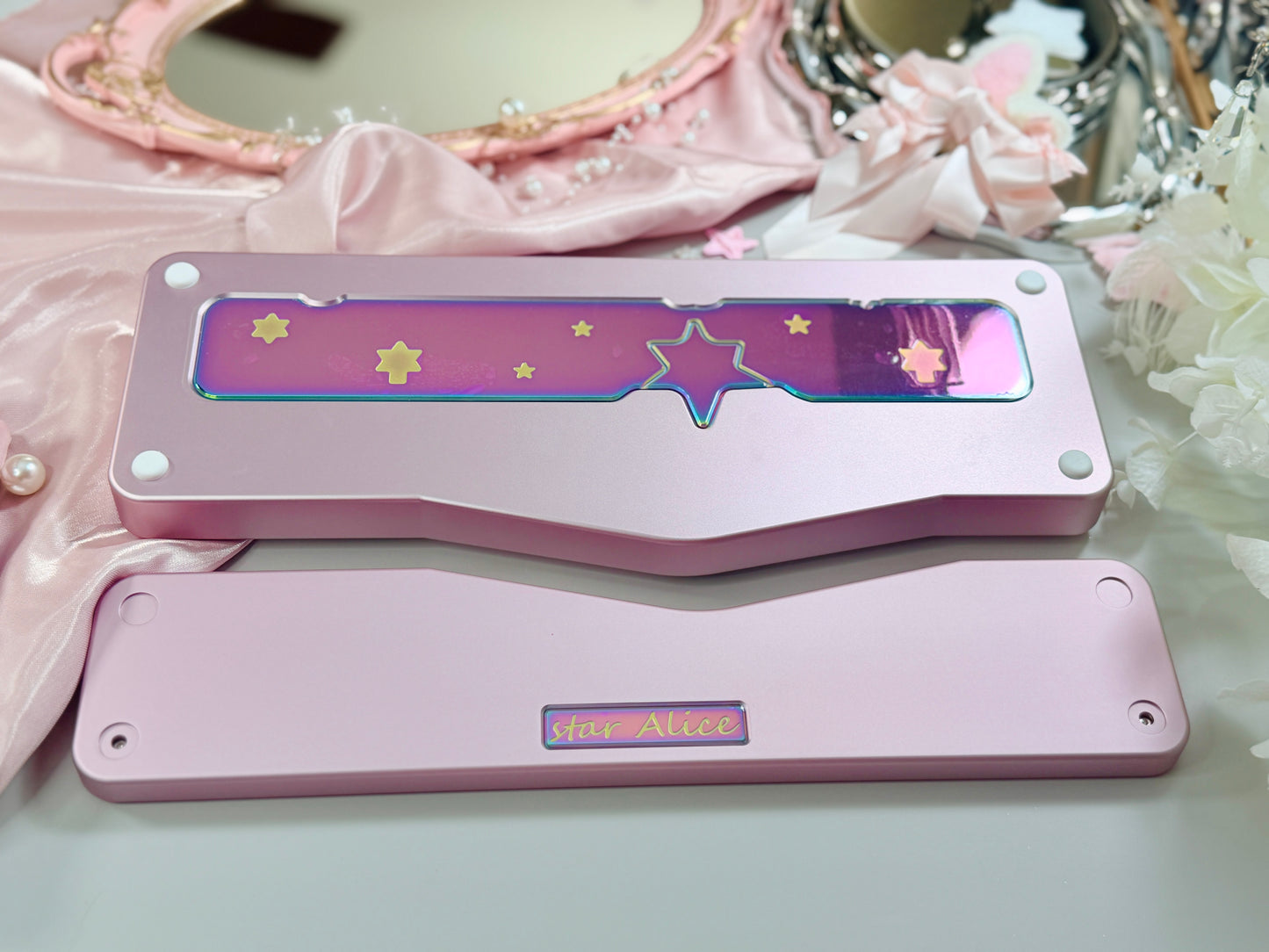 ONLY 1 Instock Prebuilt Aluminum Custom Mechanical Keyboard Staralice Ergonomic Anodized Pink Set including Wristrest Keycaps & switches