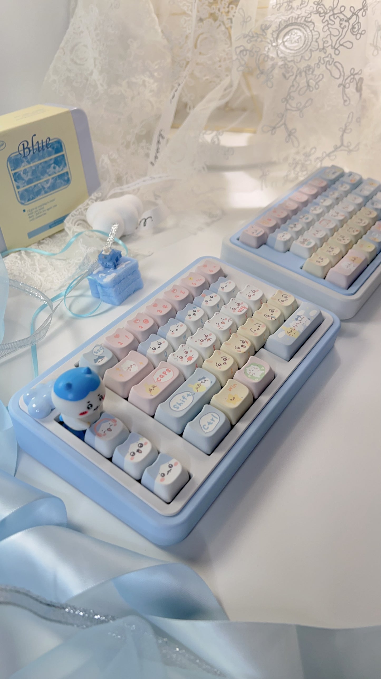 113 Chikawa Pastel Blue Pink Yellow Cute Kitten Head Keycap