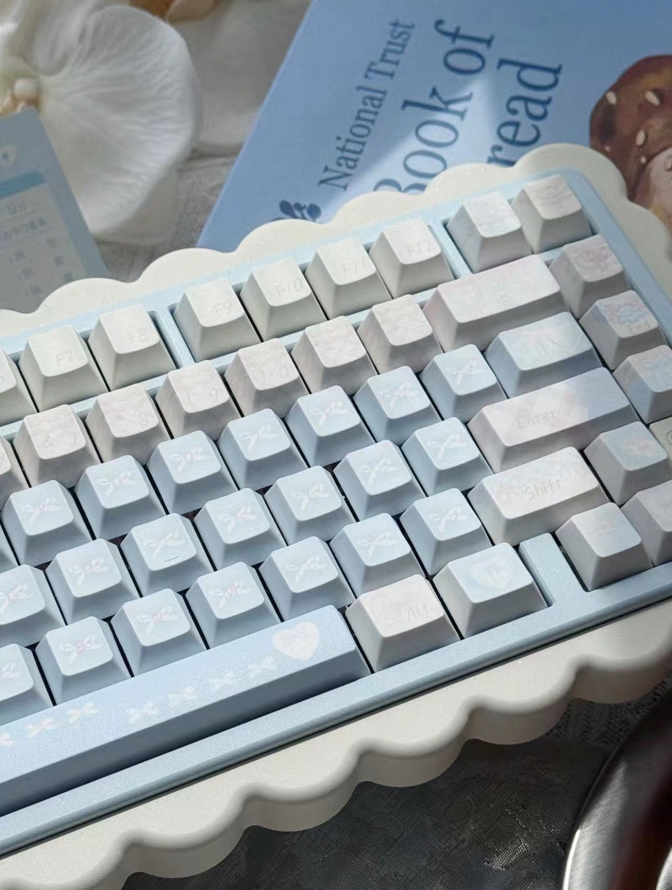 #0303 Aqua Lace Dream Garden Keycaps | Kawaii Pastel Floral & Bow PBT Keycap Set