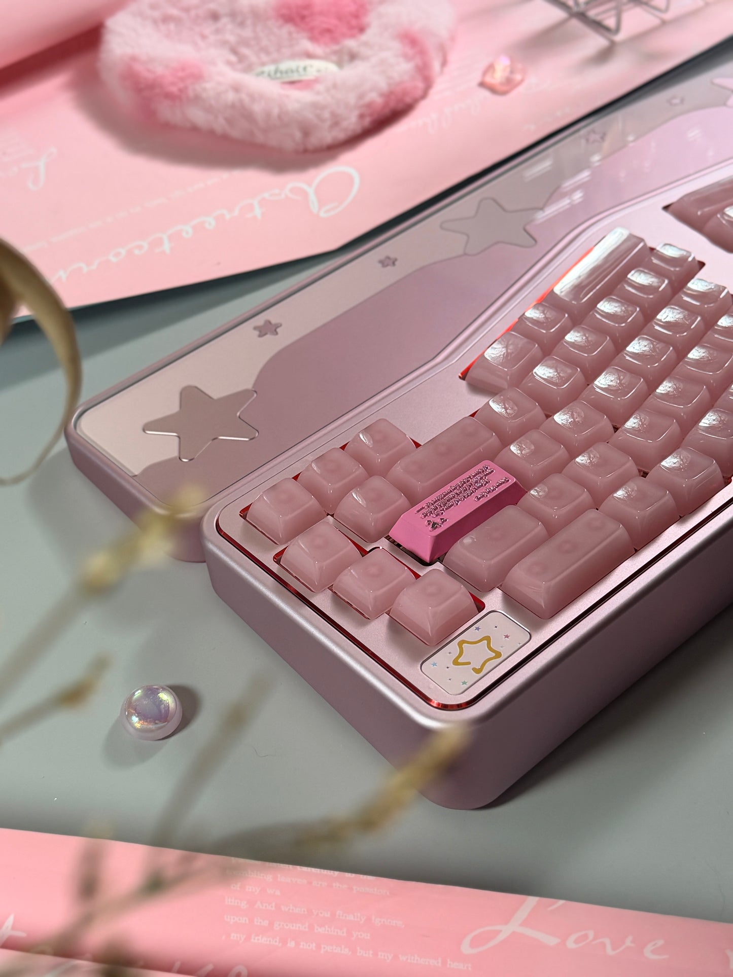 ONLY 1 Instock Prebuilt Aluminum Custom Mechanical Keyboard Staralice Ergonomic Anodized Pink Set including Wristrest Keycaps & switches
