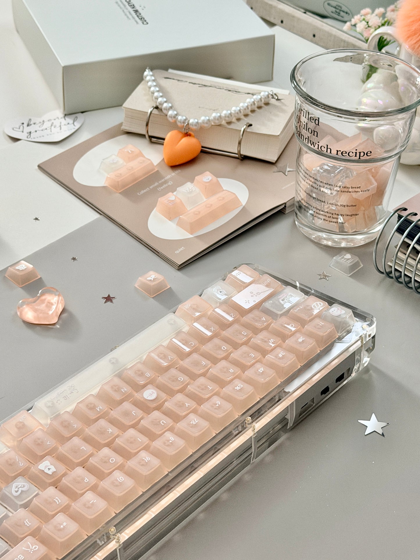 Unboxing Sample For Sale ONLY 1 Instock KiiBOOM Phantom 64 Clear Crystal Acrylic Keyboard + custom Peach Pink Keycaps