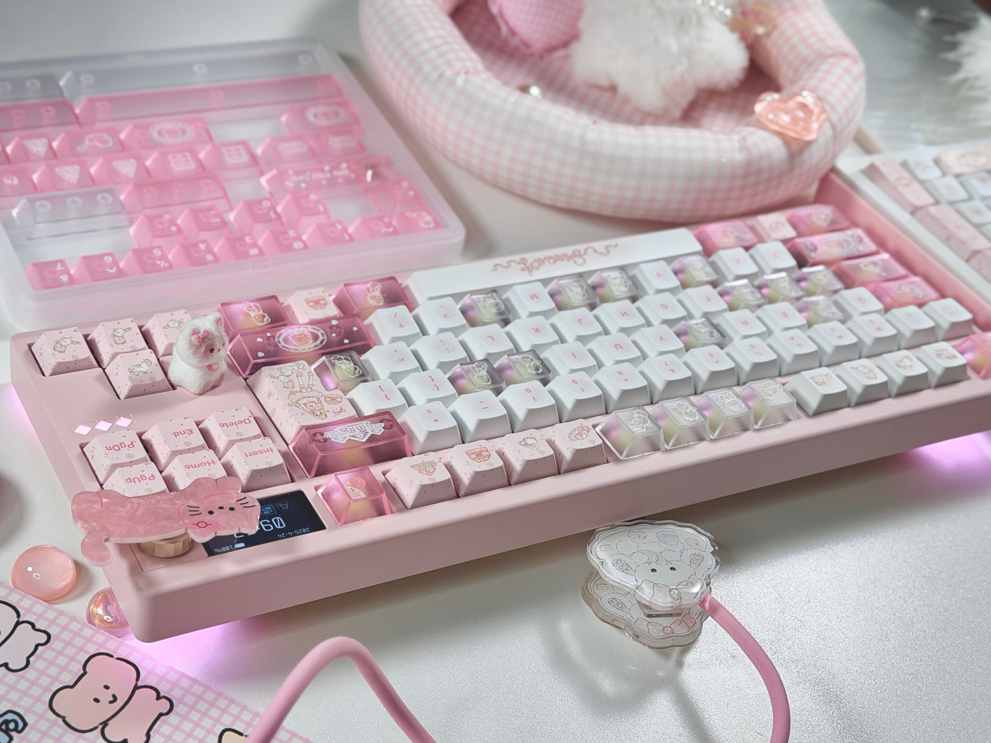 ONLY 1 Instock Prebuilt Aluminum Custom Mechanical Keyboard Pale Pink Meletrix ZOOM TKL DYNA Cat Keycap Set & Bow Pad
