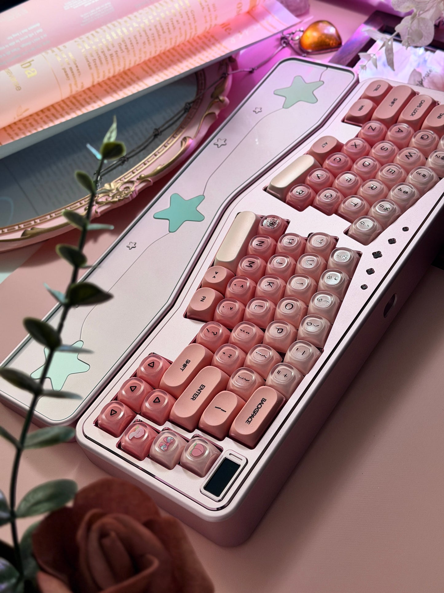 ONLY 1 Instock Prebuilt Aluminum Custom Mechanical Keyboard Staralice Ergonomic Anodized Pink Set including Wristrest Keycaps & switches