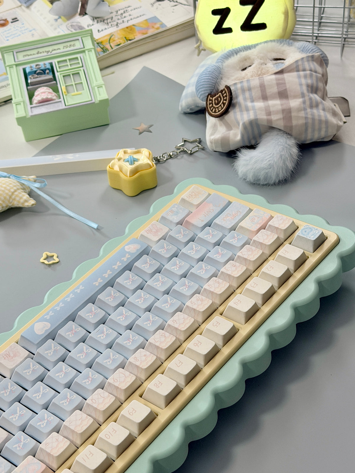 #0303 Aqua Lace Dream Garden Keycaps | Kawaii Pastel Floral & Bow PBT Keycap Set