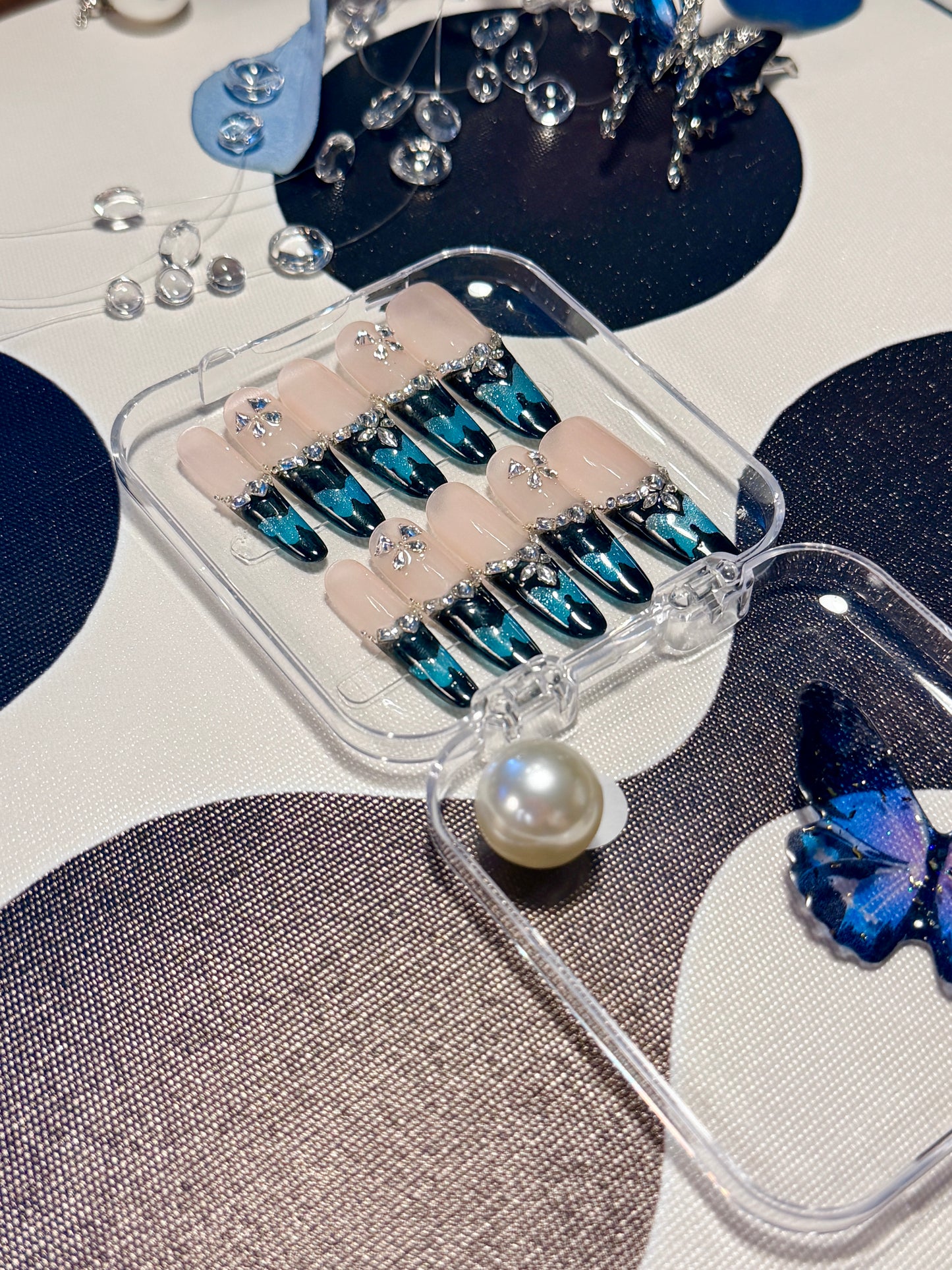 Black Blue Butterfly Press On Nails Shimmering Diamond Long Oval Handmade Nail Arts