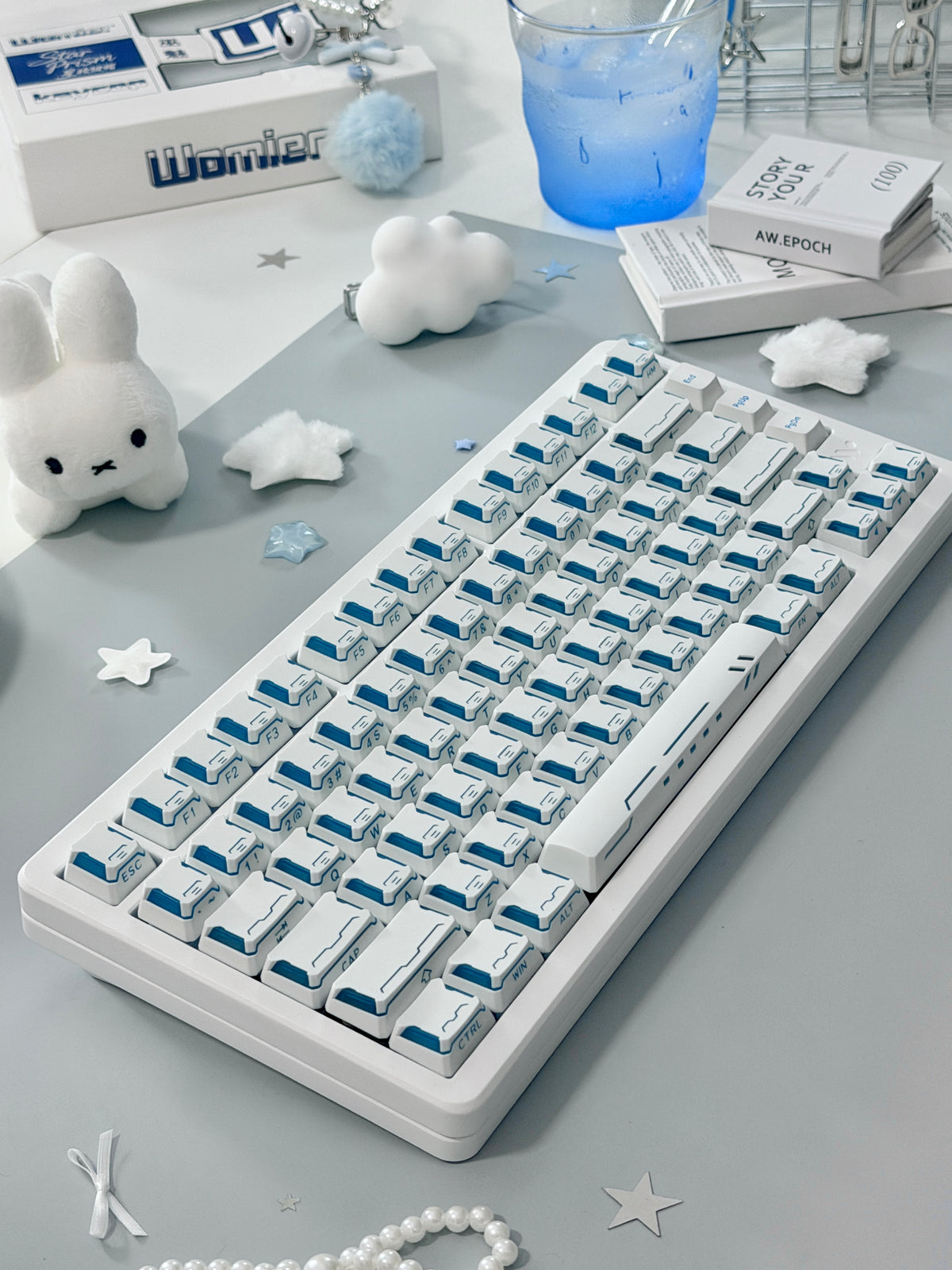 Unboxing ONLY 1 For Clearance WOMIER SK75 TMR White WIRELESS ALUMINUM CUSTOM KEYBOARD & STAR PRISM WHITE-BLUE CHERRY PROFILE SHINE-THROUGH KEYCAP SET