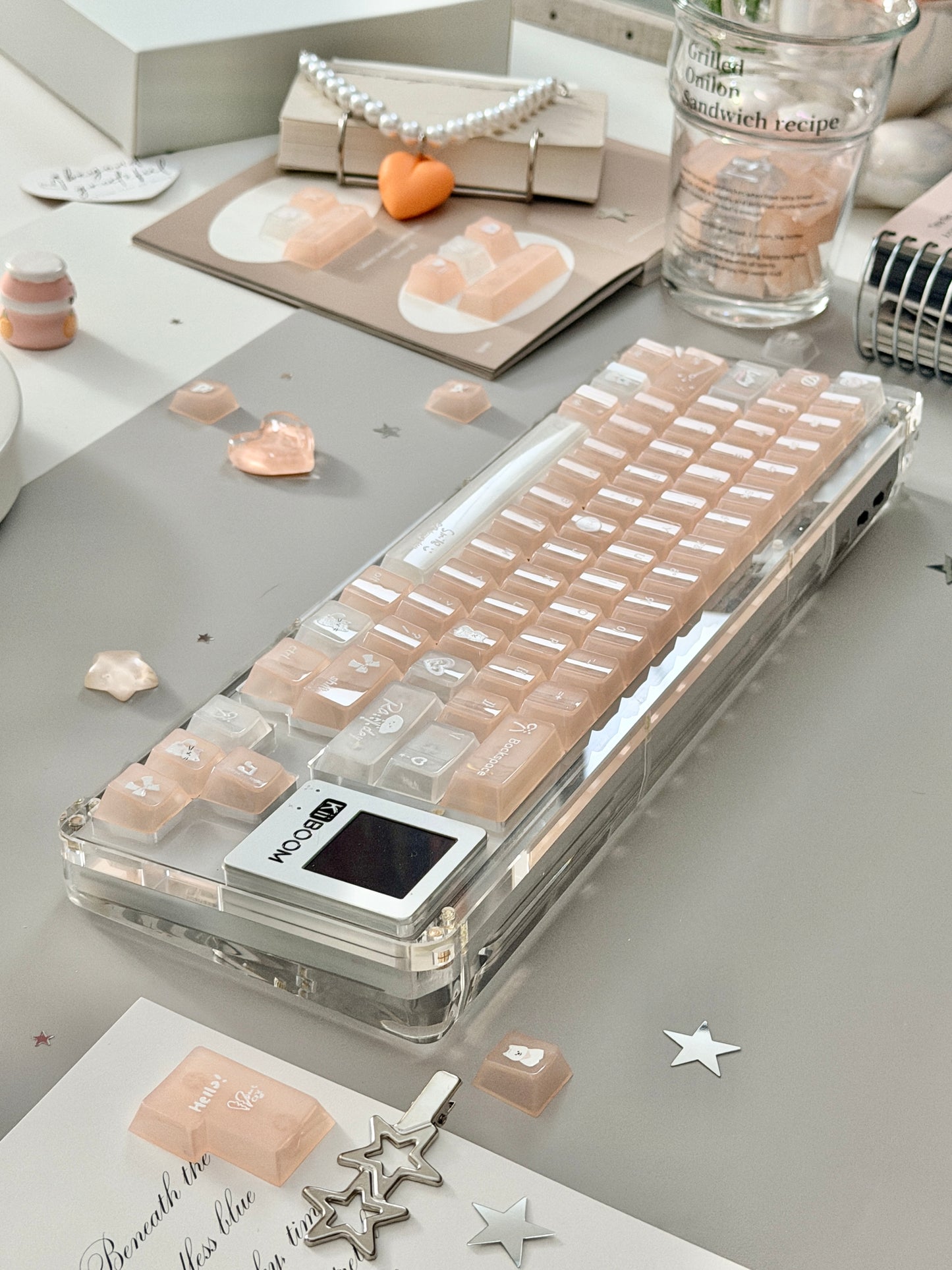 Unboxing Sample For Sale ONLY 1 Instock KiiBOOM Phantom 64 Clear Crystal Acrylic Keyboard + custom Peach Pink Keycaps