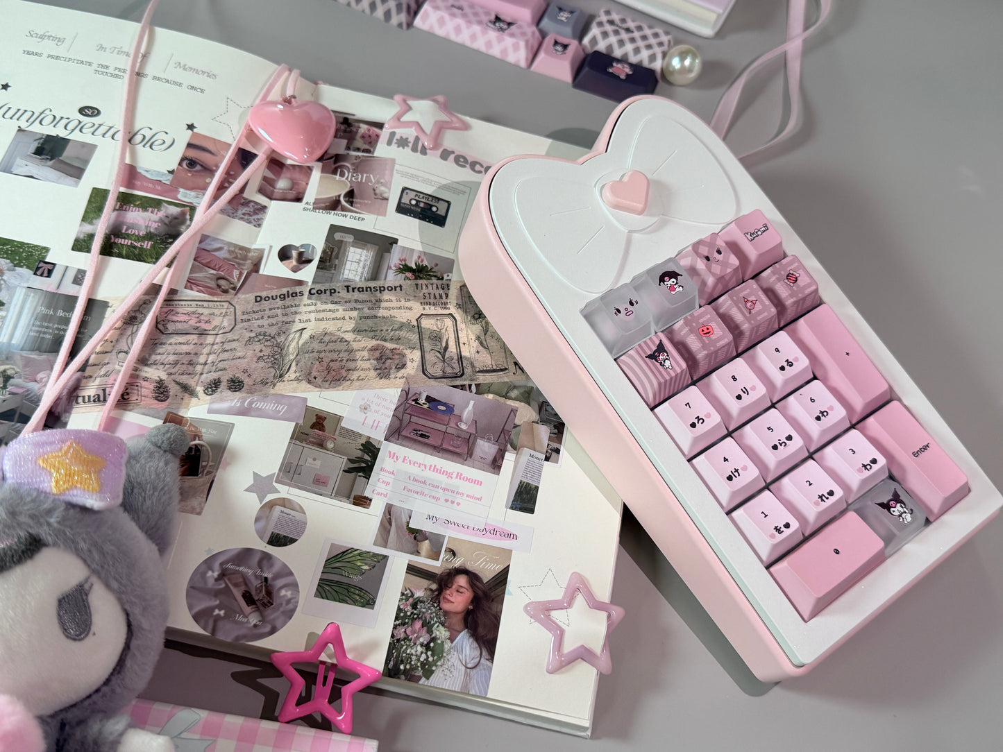 ONLY 1 INSTOCK Prebuilt Aluminum Customized Mechanical Keyboard Rose65 Grey Pink Set With Bow Pad