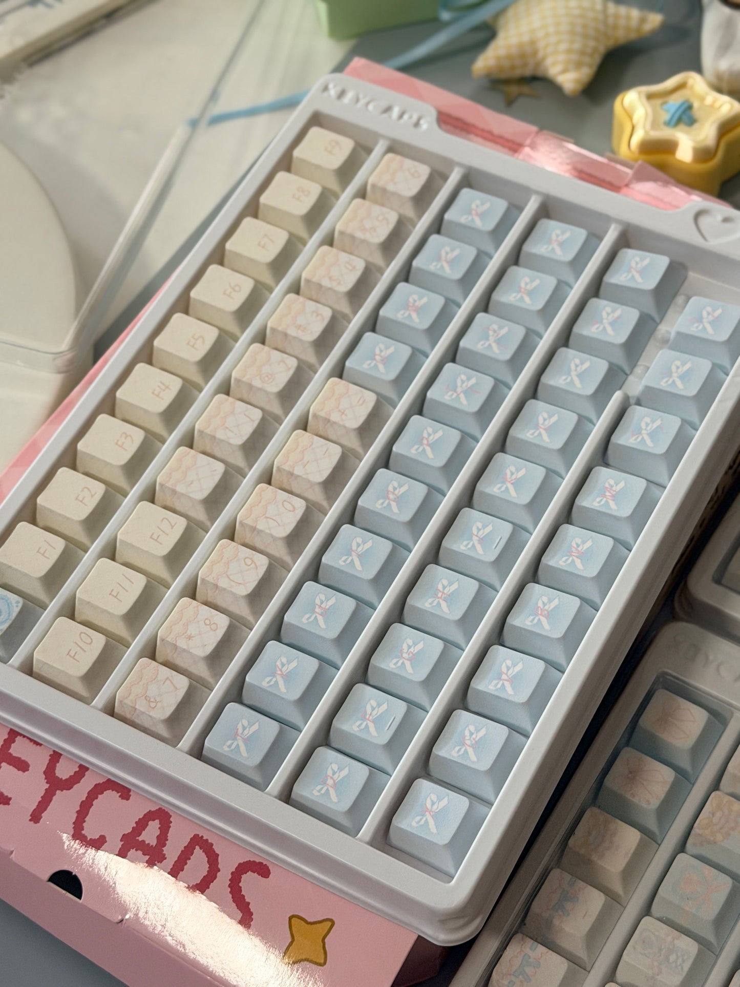 #0303 Aqua Lace Dream Garden Keycaps | Kawaii Pastel Floral & Bow PBT Keycap Set