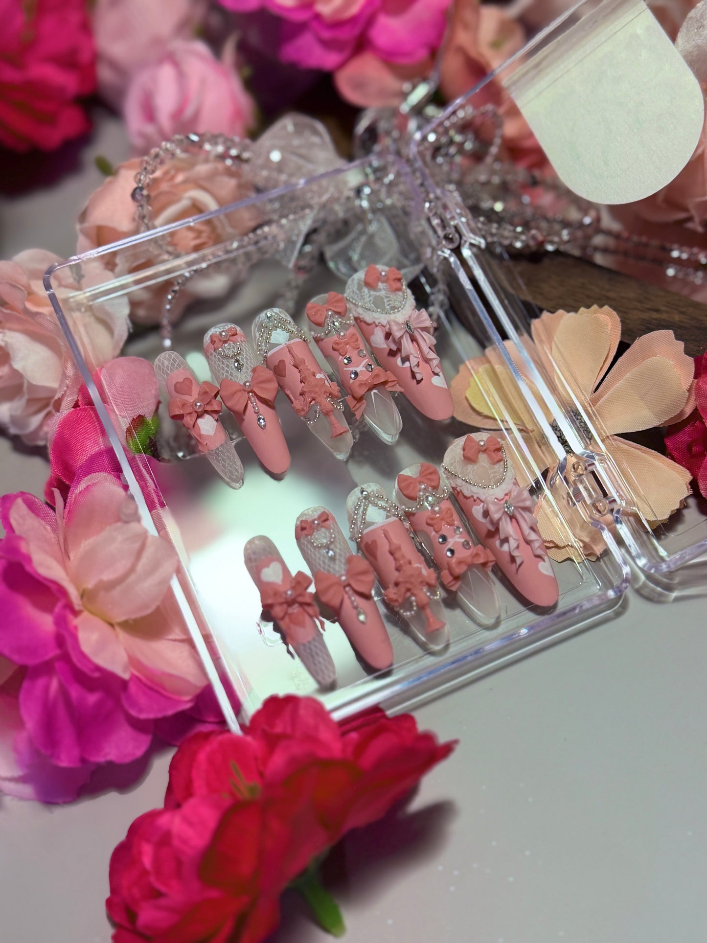 Pink Princess Bow Lace Flower Matte Finish Press On Nails Long Y05 With Pearl Beads Diamond Decor