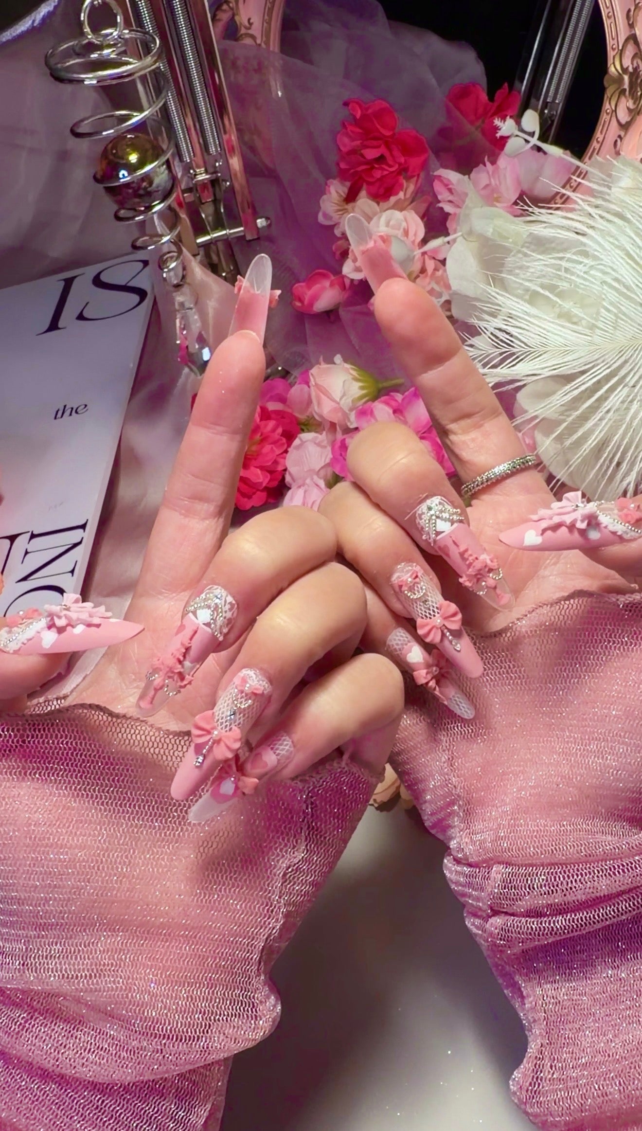 Pink Princess Bow Lace Flower Matte Finish Press On Nails Long Y05 With Pearl Beads Diamond Decor