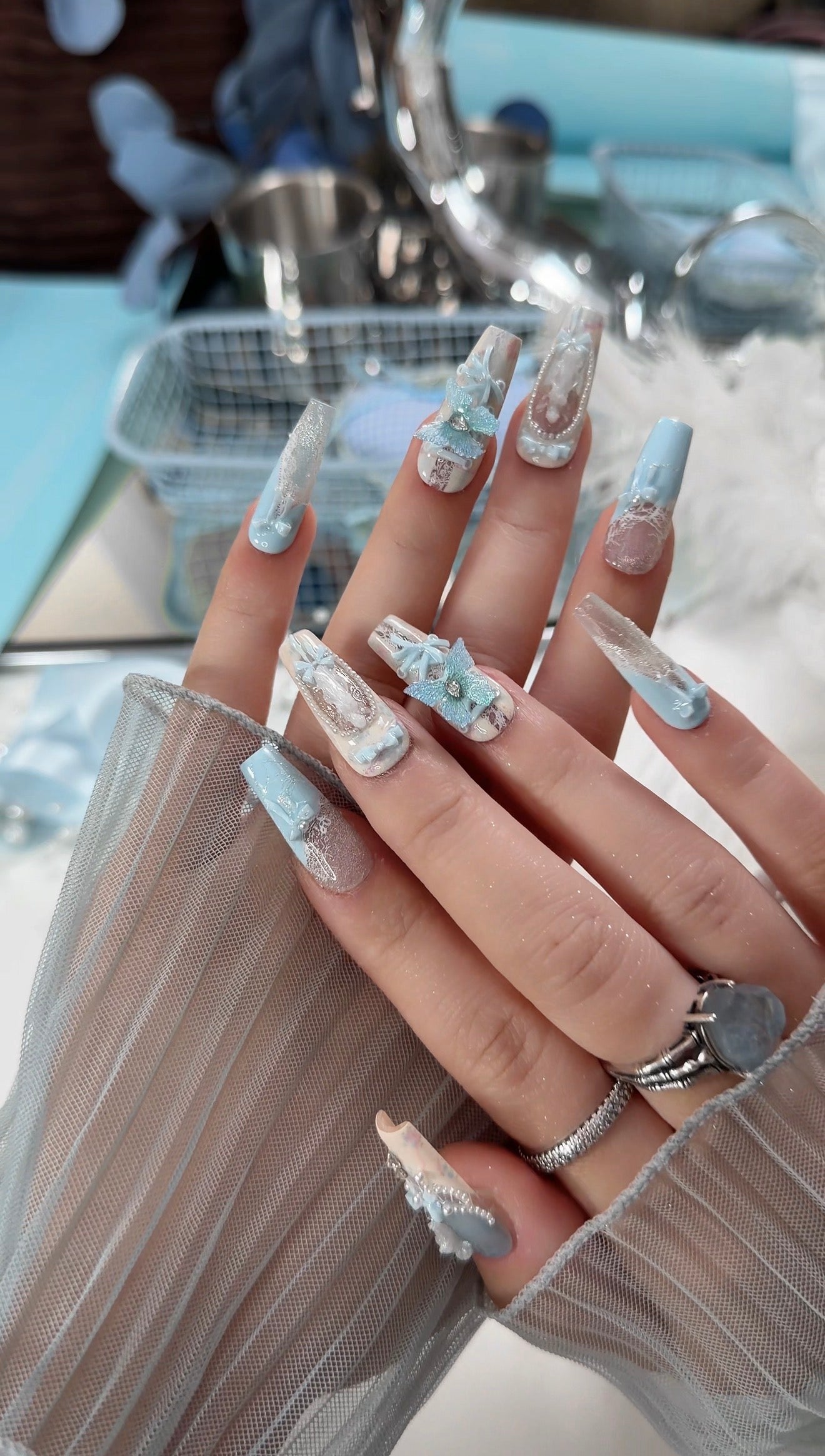 Blue Magnetic Butterfly Lace Press On Nails Long Coffin Pearl Beads Angel