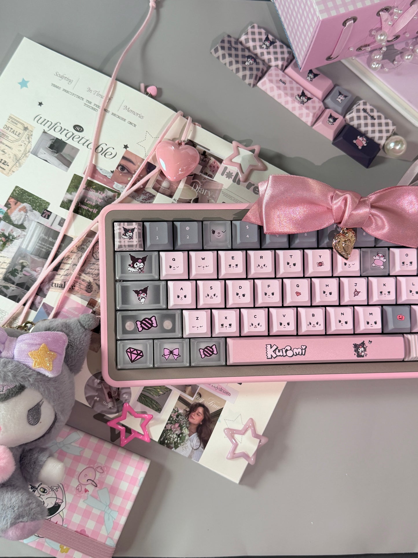 ONLY 1 INSTOCK Prebuilt Aluminum Customized Mechanical Keyboard Rose65 Grey Pink Set With Bow Pad