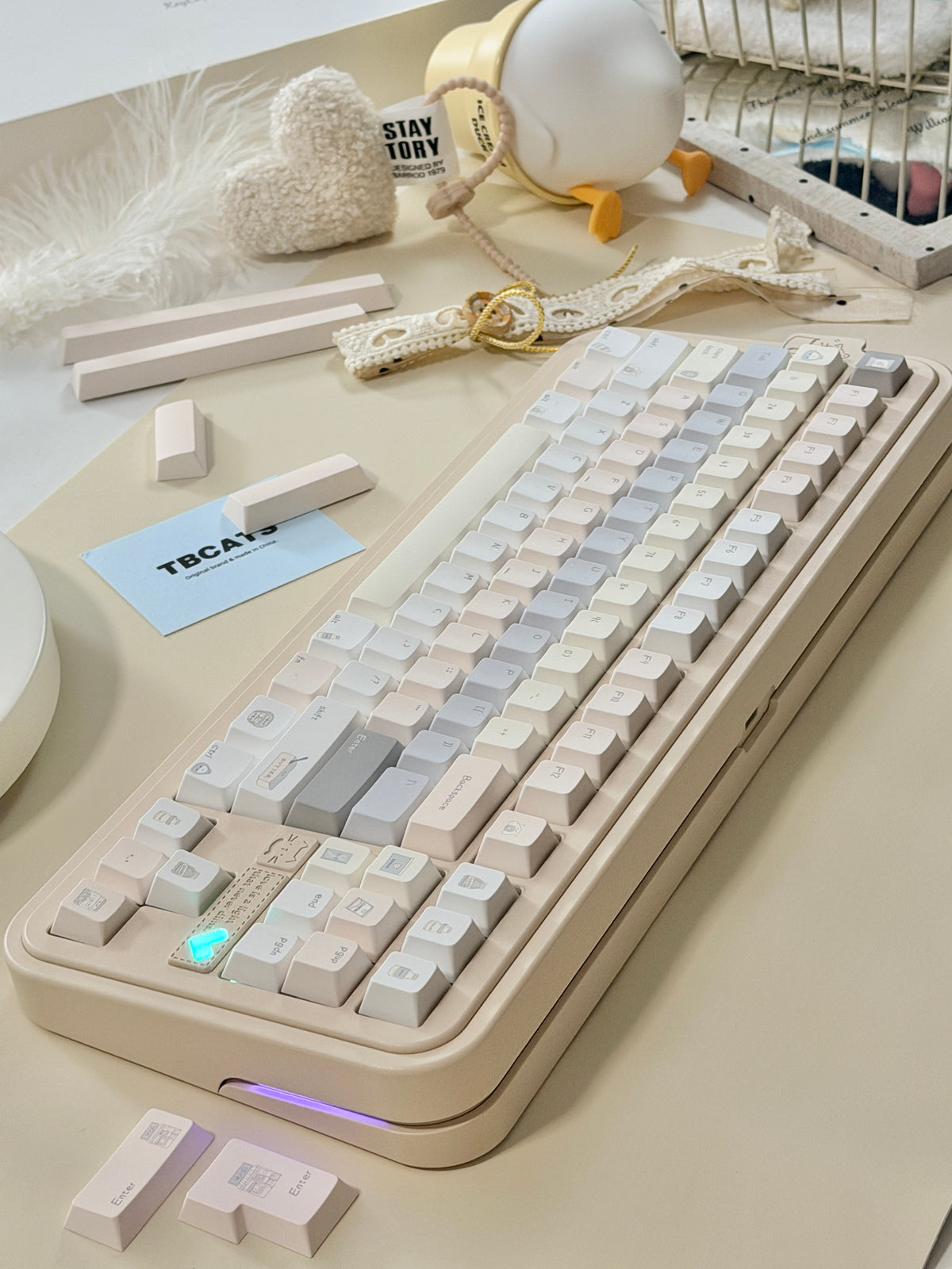 #0315 Tbcats Pastel Cream & Misty Blue Cute Keycap Set | Soft Aesthetic Mechanical Keyboard Keycaps | Kawaii Minimalist Custom Keycaps