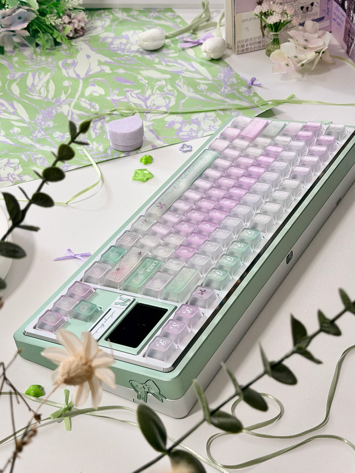 #0318 Lavender Mint Garden Transparent Keycaps Set | Pastel Purple & Sage Green Cute Floral Mechanical Keyboard Keycaps