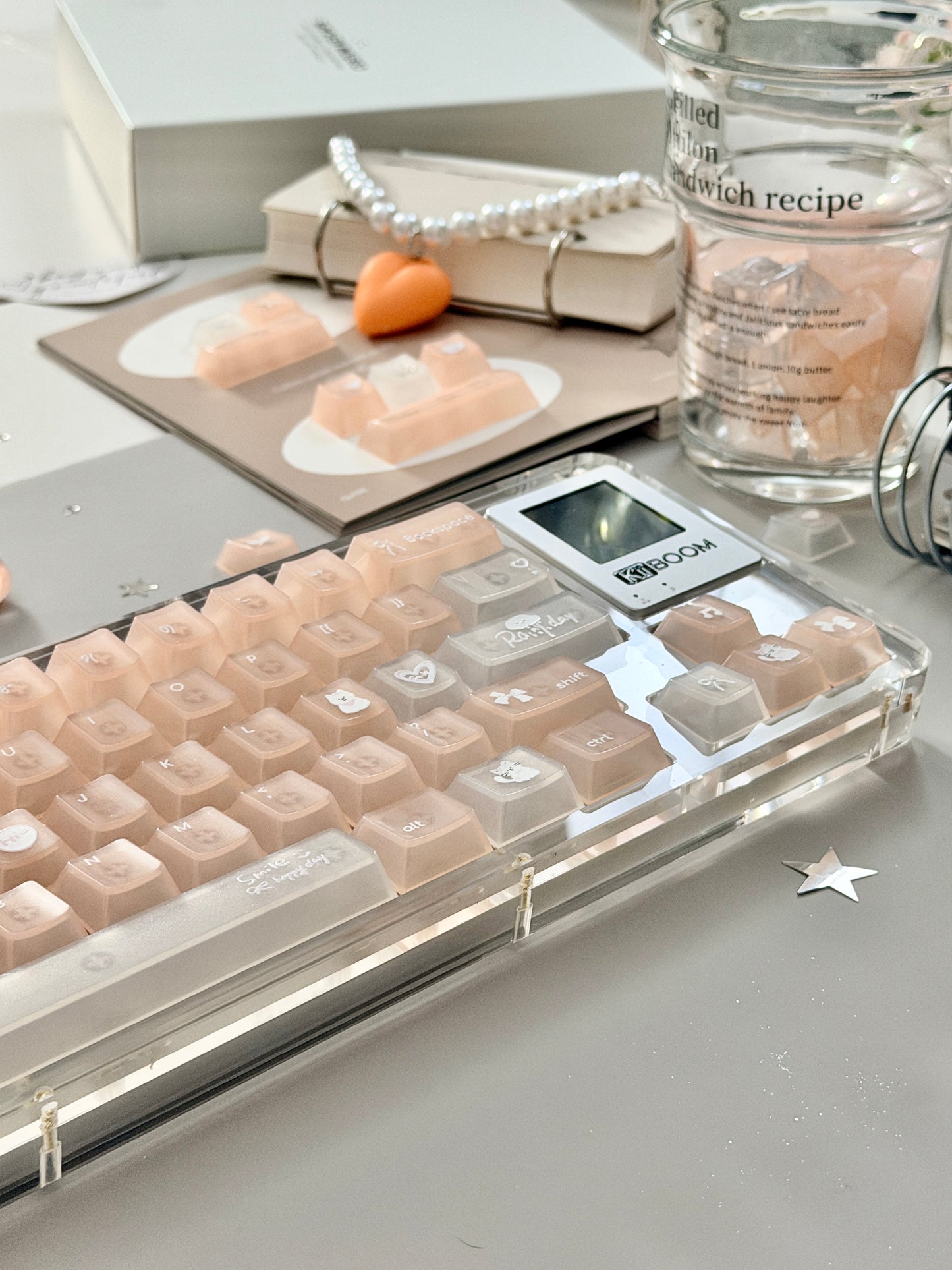 Unboxing Sample For Sale ONLY 1 Instock KiiBOOM Phantom 64 Clear Crystal Acrylic Keyboard + custom Peach Pink Keycaps