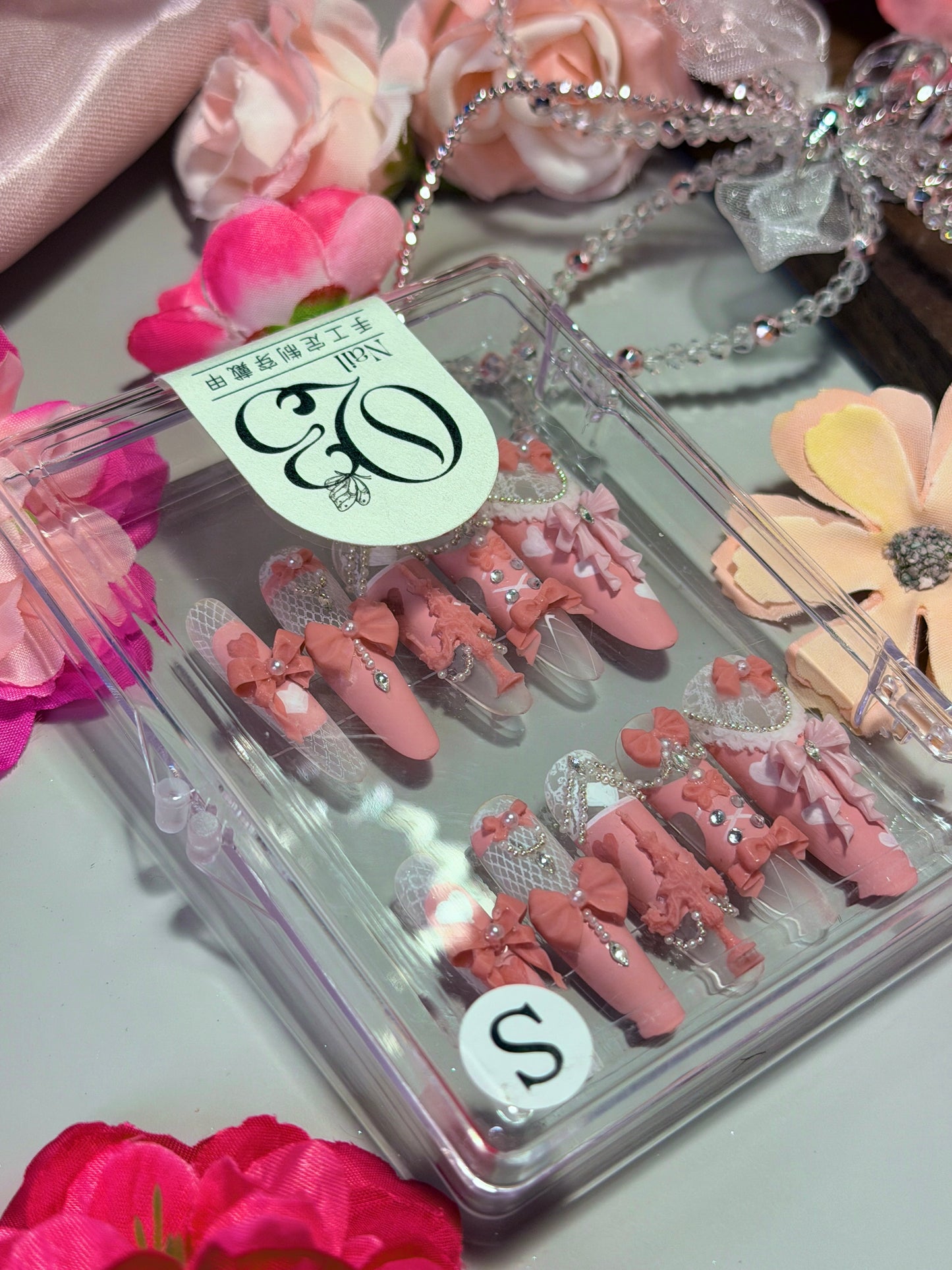 Pink Princess Bow Lace Flower Matte Finish Press On Nails Long Y05 With Pearl Beads Diamond Decor