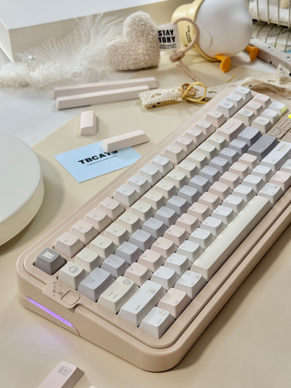 #0315 Tbcats Pastel Cream & Misty Blue Cute Keycap Set | Soft Aesthetic Mechanical Keyboard Keycaps | Kawaii Minimalist Custom Keycaps