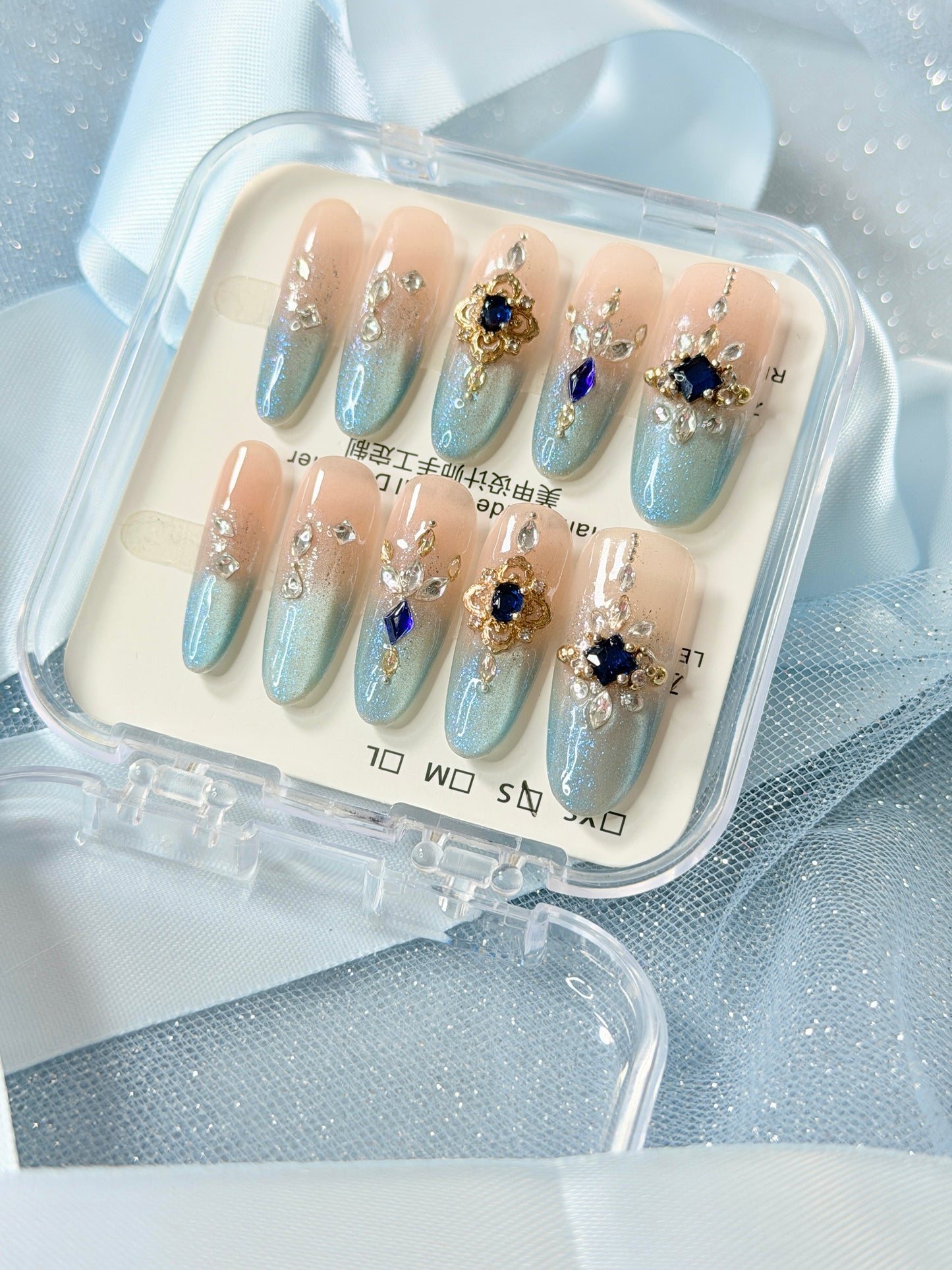 Crystal Blue Press On Nails Shimmering Diamond Cat-Eye Long Oval Handmade Nail Arts
