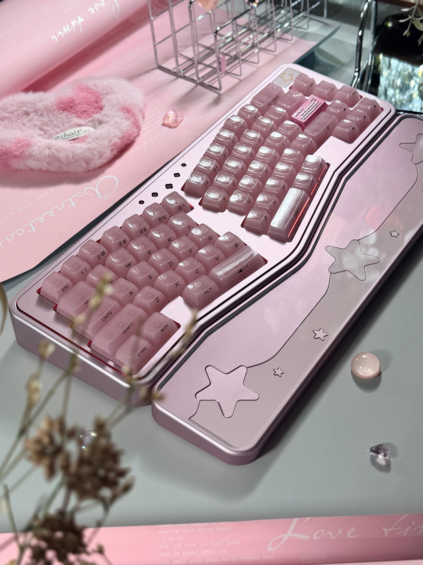 ONLY 1 Instock Prebuilt Aluminum Custom Mechanical Keyboard Staralice Ergonomic Anodized Pink Set including Wristrest Keycaps & switches