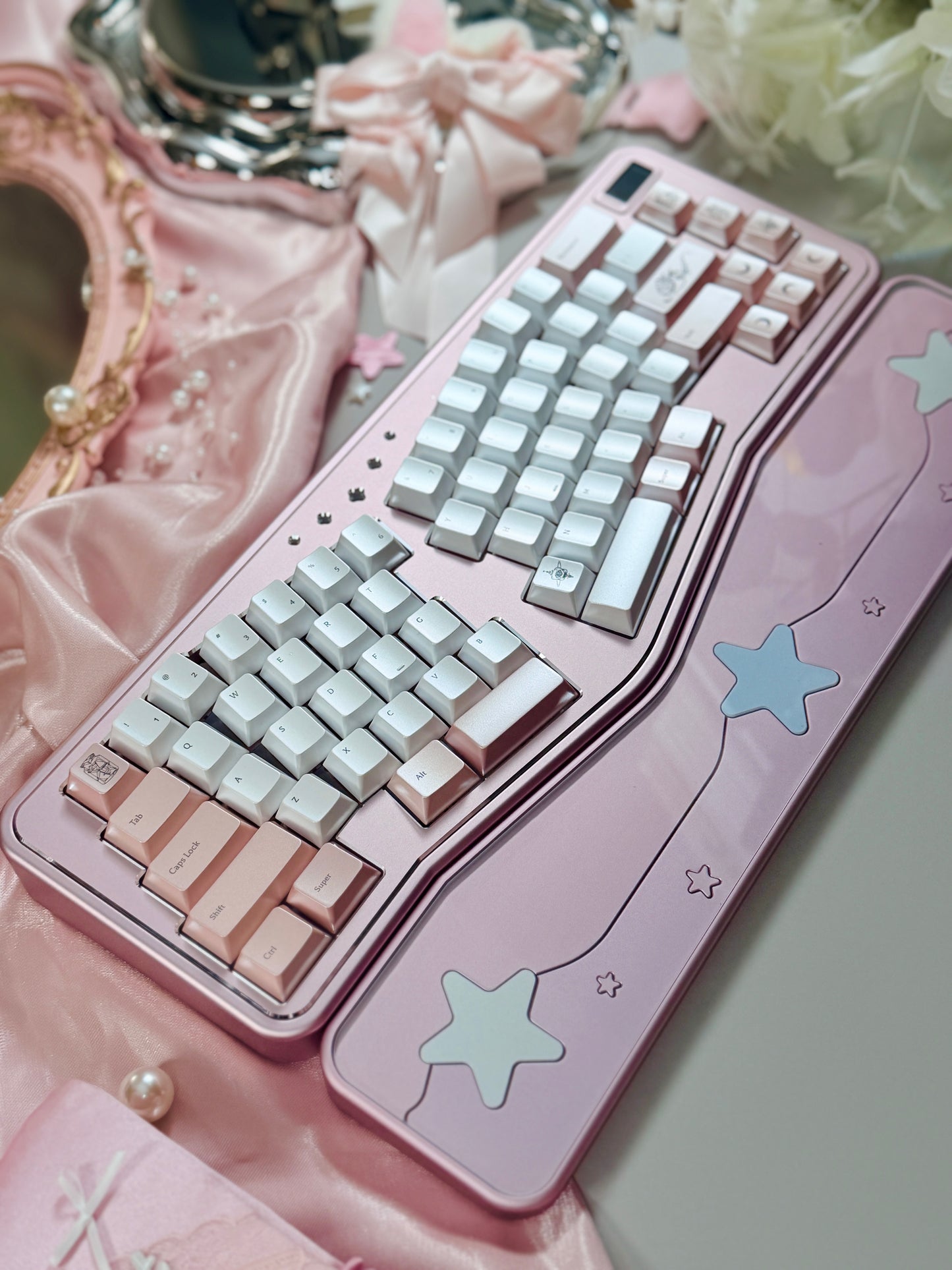 ONLY 1 Instock Prebuilt Aluminum Custom Mechanical Keyboard Staralice Ergonomic Anodized Pink Set including Wristrest Keycaps & switches