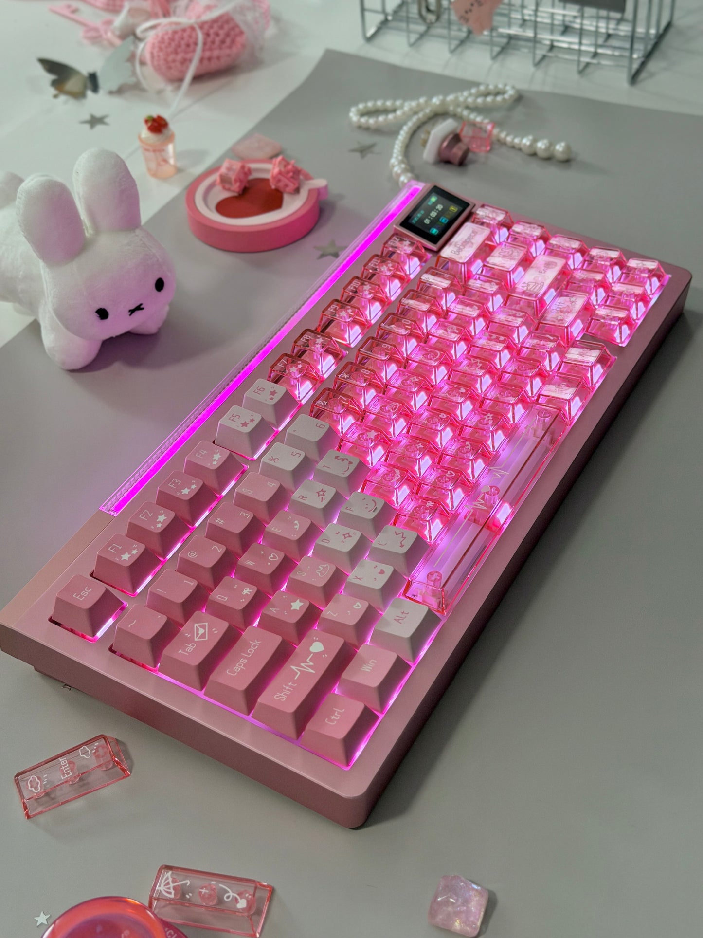 ONLY 1 Unboxing Clearance Anodized Pink GLOW75 DIY Kit &DuoChrome Keycaps & Silent Linear Switches