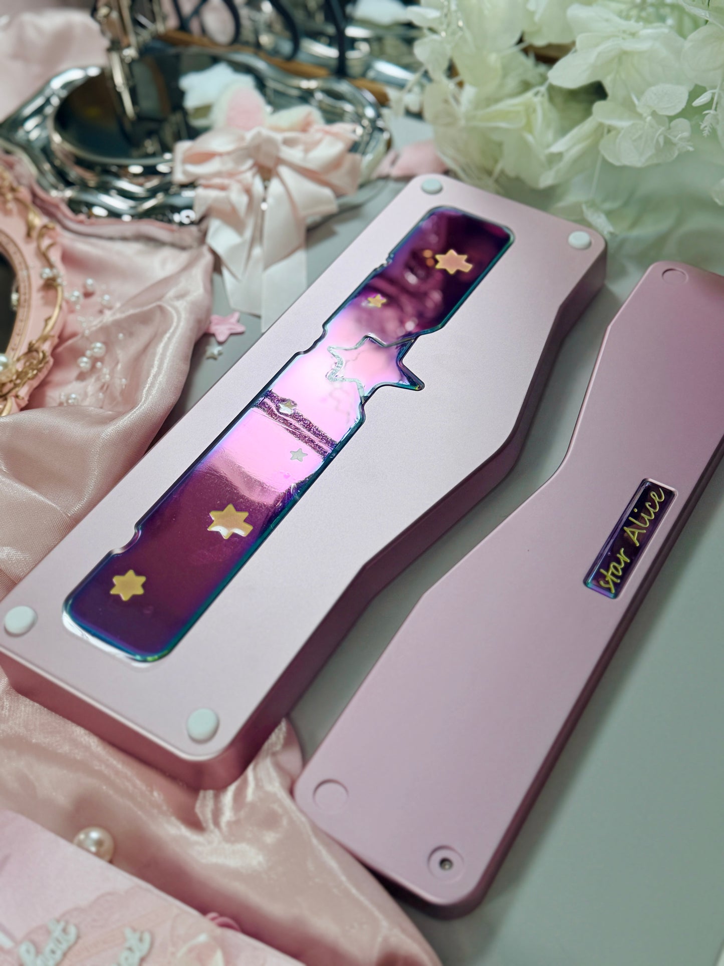 ONLY 1 Instock Prebuilt Aluminum Custom Mechanical Keyboard Staralice Ergonomic Anodized Pink Set including Wristrest Keycaps & switches