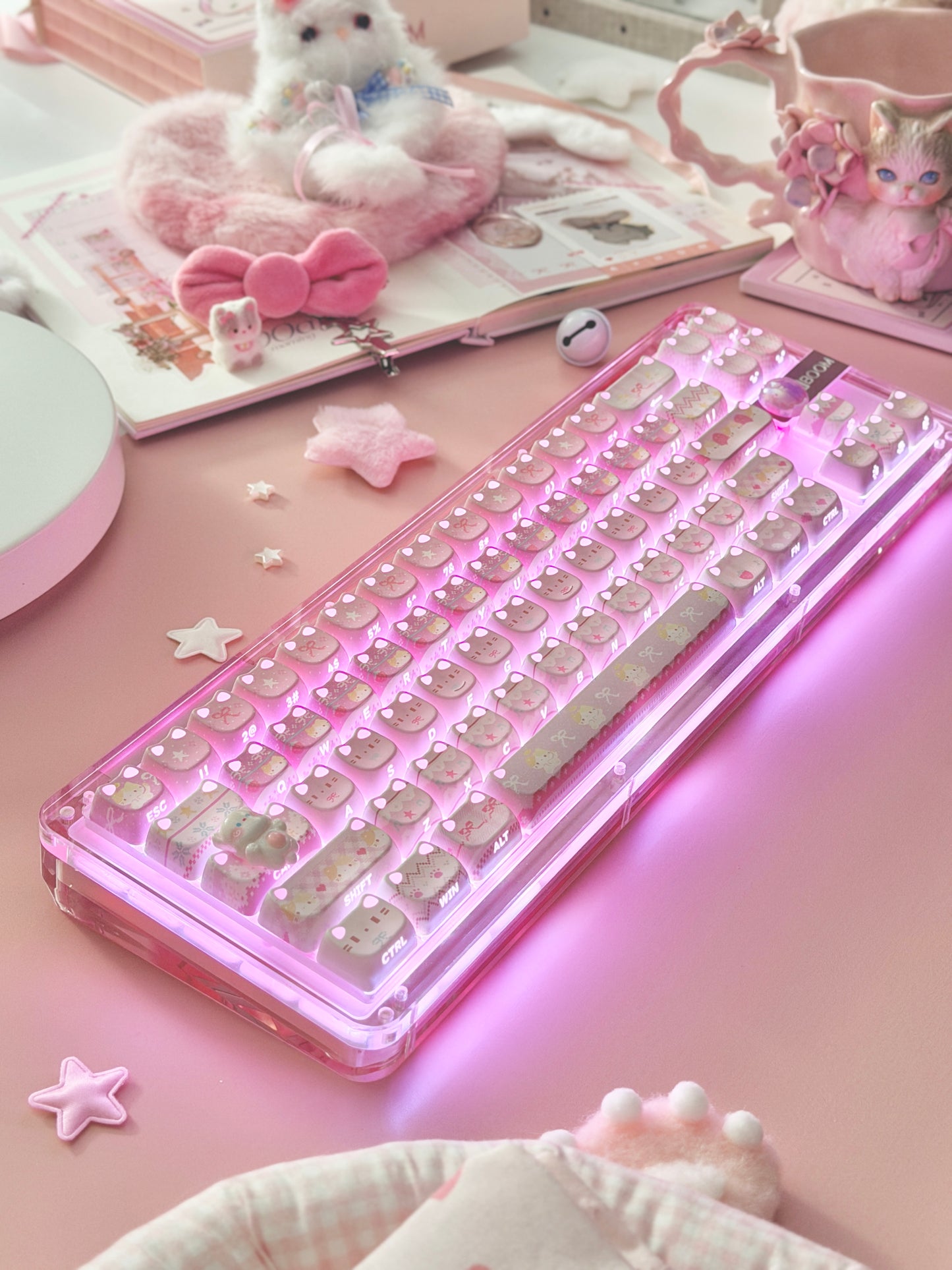 Unboxing Clearance ONLY 1 KiiBOOM Phantom 68 Pink Crystal Gasket-Mounted Mechanical Keyboard & KiiBOOM Pink Meow Keycap Set