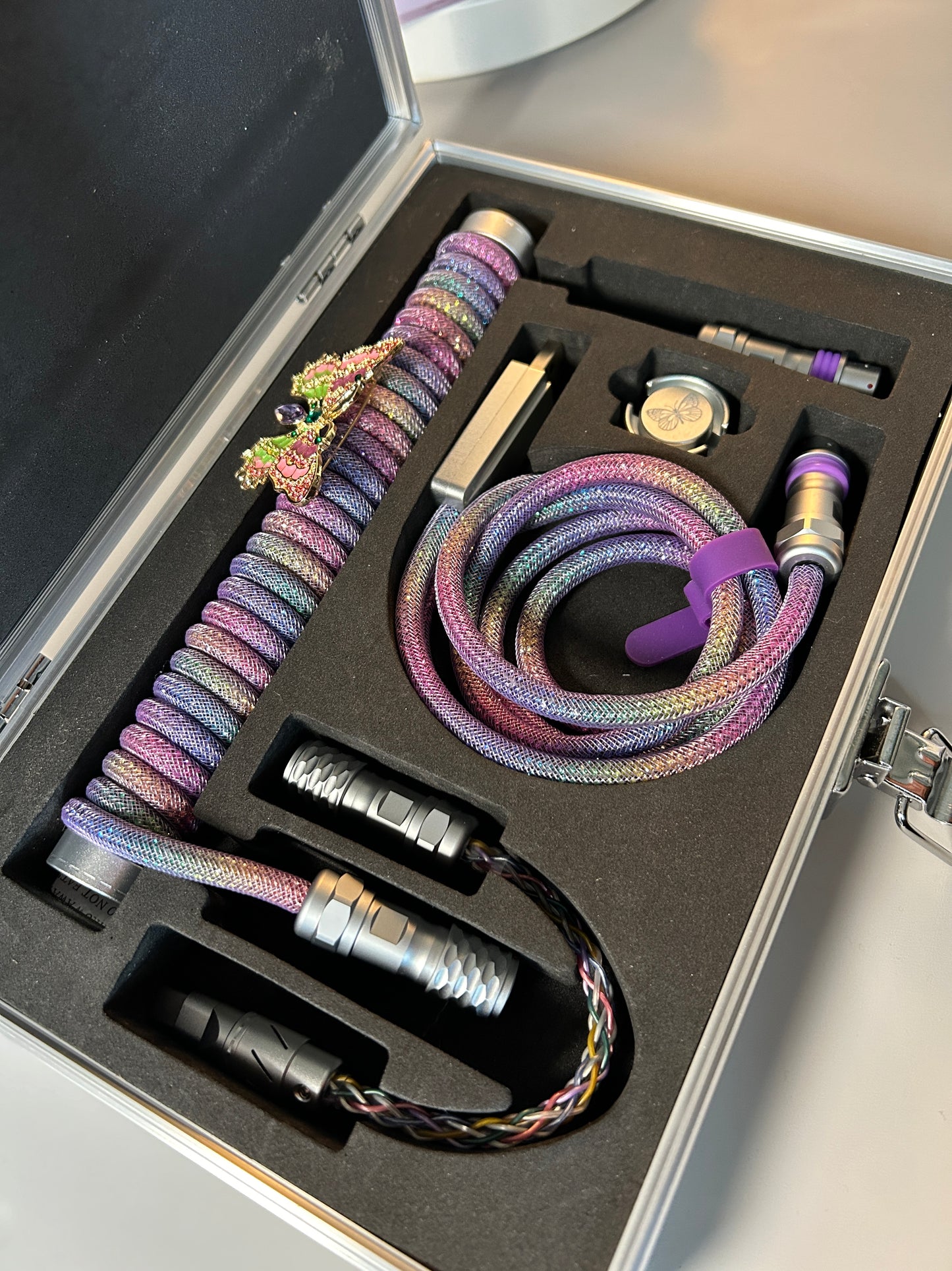 Rainbow Purple Pink Diamond Shiny Dreamy Butterfly Winshop Mechanical Keyboard Coiled Cable Set With Suitcase Shaped Organizer