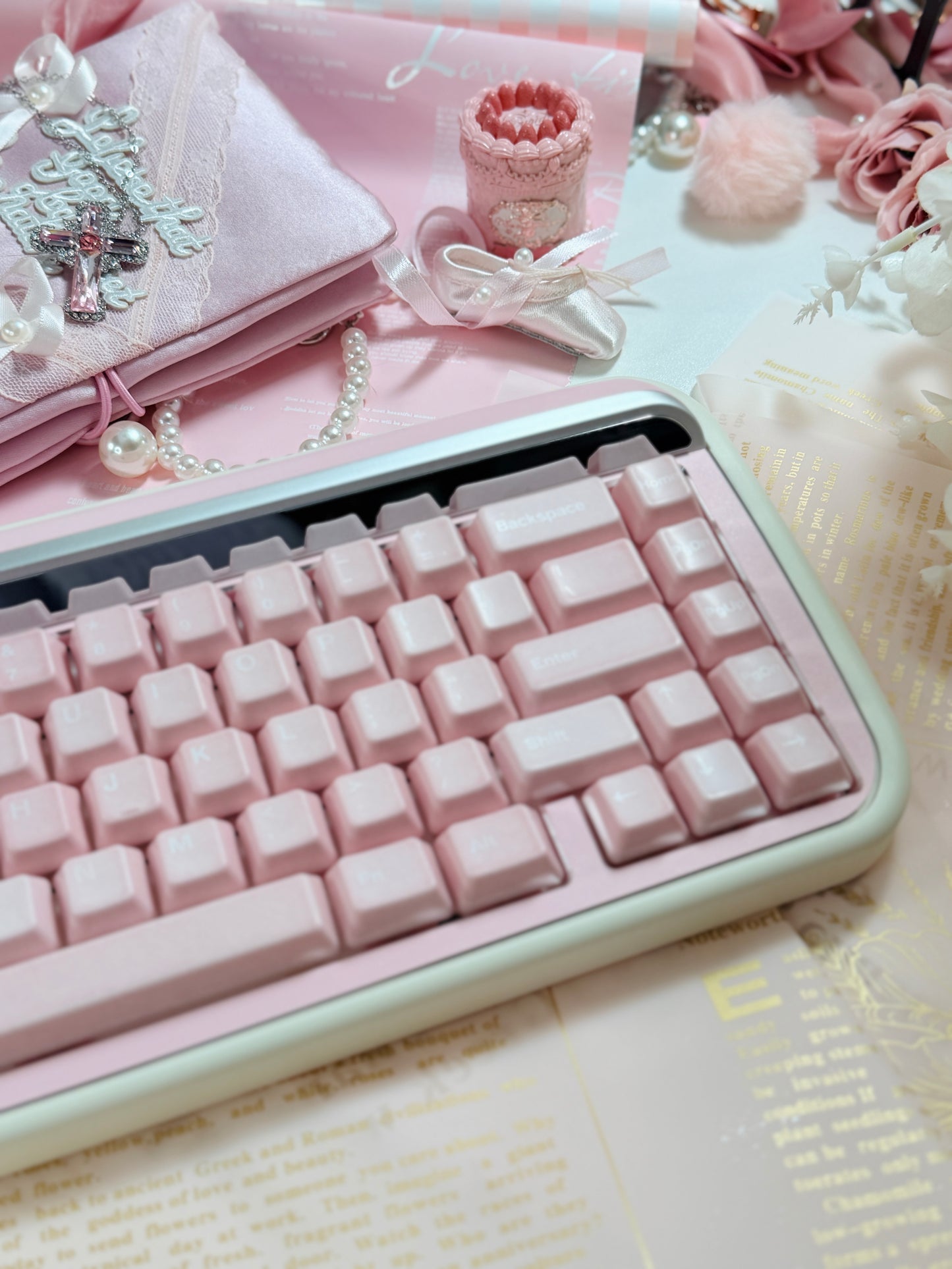 ONLY 1 Instock Prebuilt Aluminum Customized Mechanical Keyboard Rollo75 Pale Pink Cerakey Matte Keycaps Set