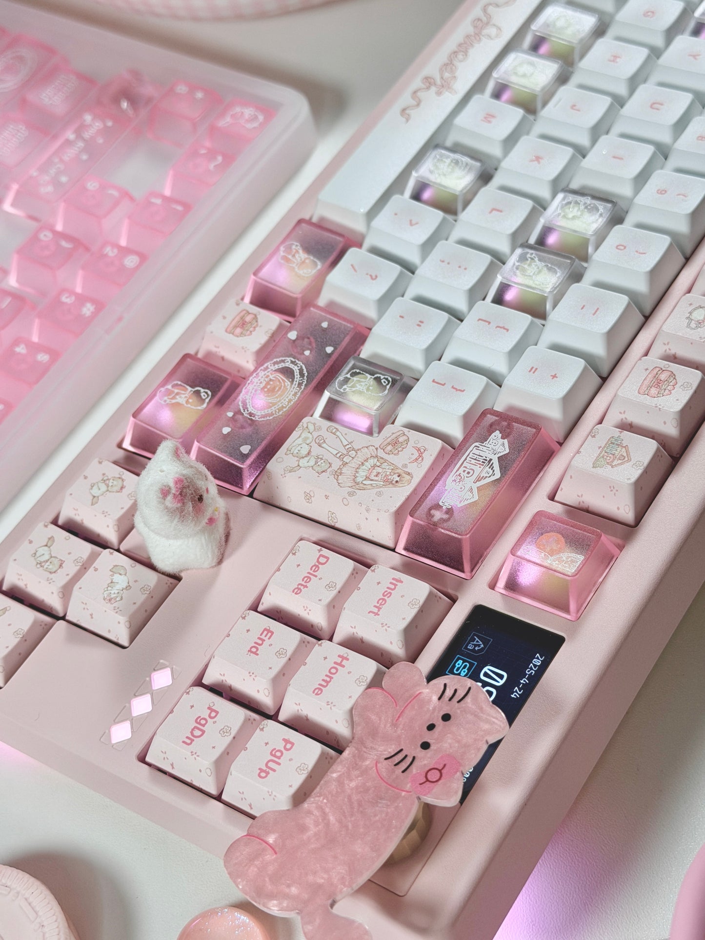 ONLY 1 Instock Prebuilt Aluminum Custom Mechanical Keyboard Pale Pink Meletrix ZOOM TKL DYNA Cat Keycap Set & Bow Pad