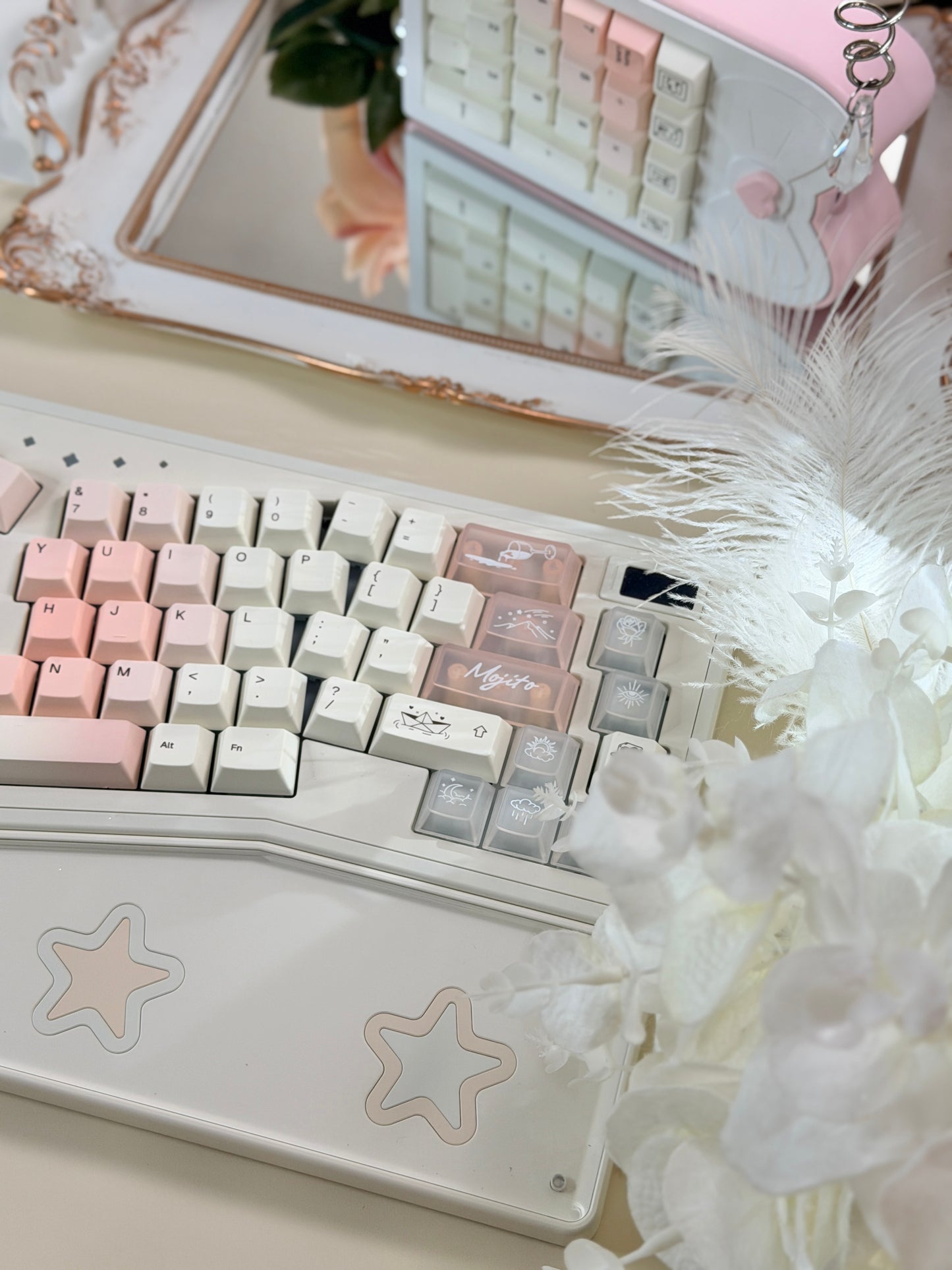 ONLY 1 Instock Prebuilt Aluminum Customized Mechanical Keyboard Staralice Cream White Set With Wristrest & Bow Pad