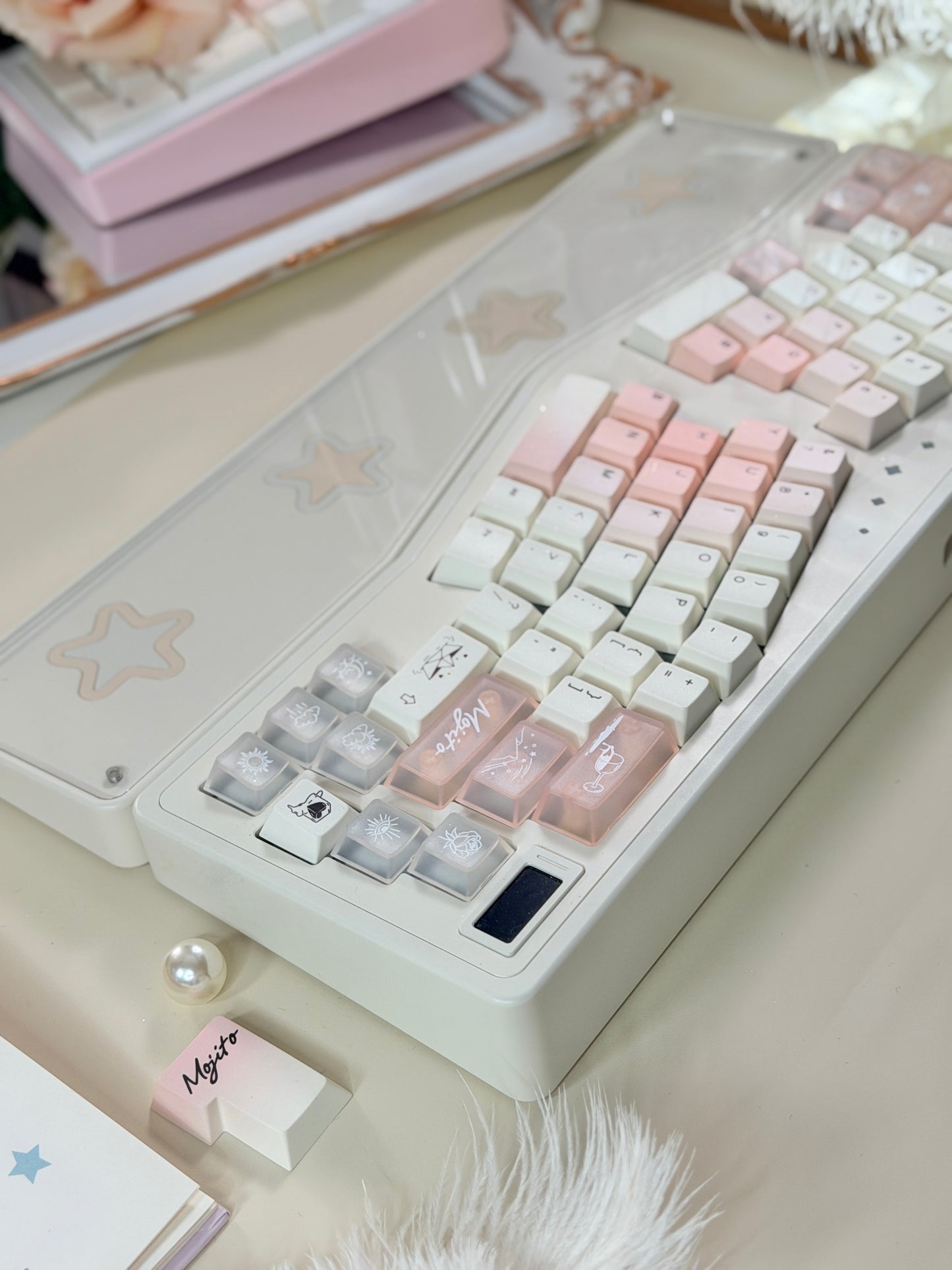 ONLY 1 Instock Prebuilt Aluminum Customized Mechanical Keyboard Staralice Cream White Set With Wristrest & Bow Pad