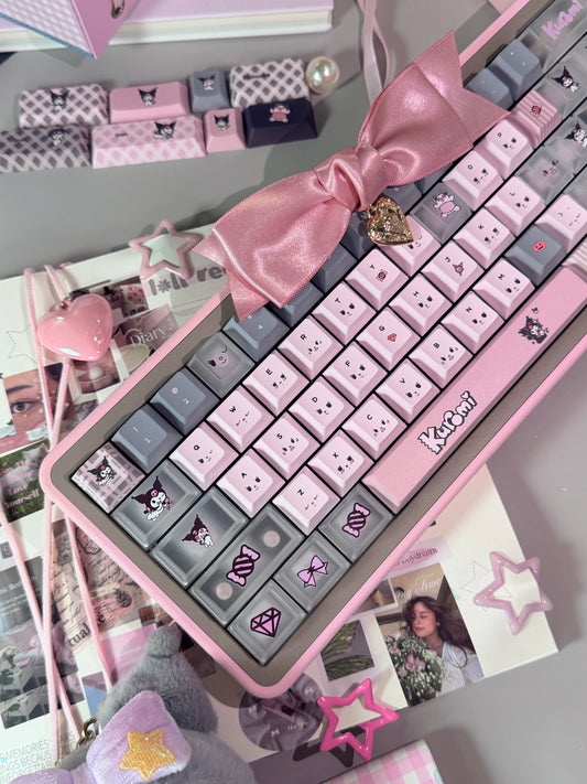 ONLY 1 INSTOCK Prebuilt Aluminum Customized Mechanical Keyboard Rose65 Grey Pink Set With Bow Pad