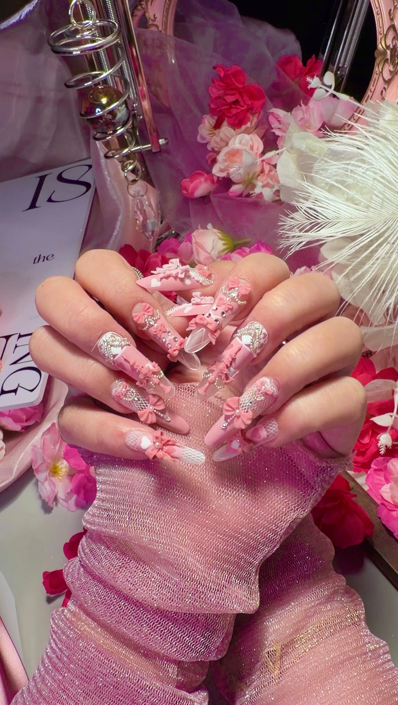 Pink Princess Bow Lace Flower Matte Finish Press On Nails Long Y05 With Pearl Beads Diamond Decor