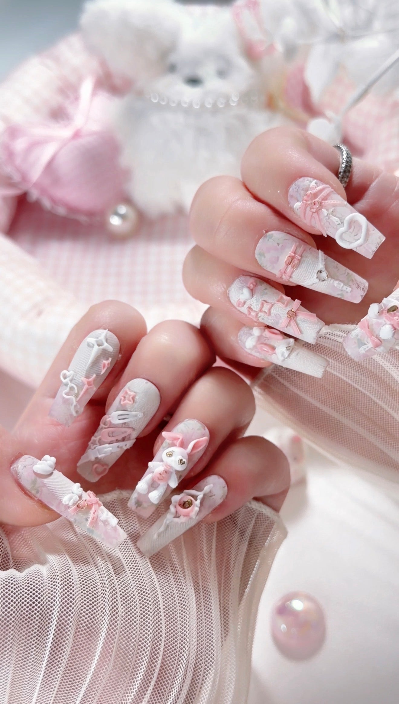 White Lace Pink Punk Bunny Bow 3D Pattern Press On Nails Long Coffin