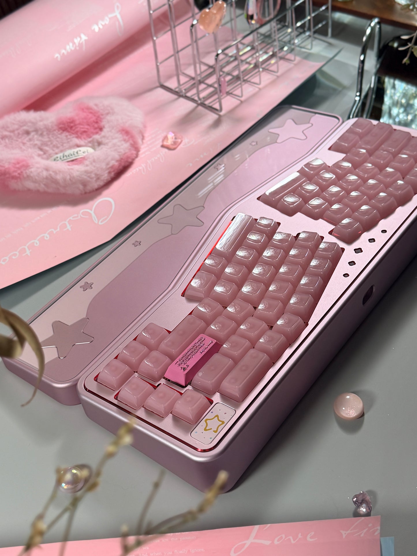 ONLY 1 Instock Prebuilt Aluminum Custom Mechanical Keyboard Staralice Ergonomic Anodized Pink Set including Wristrest Keycaps & switches