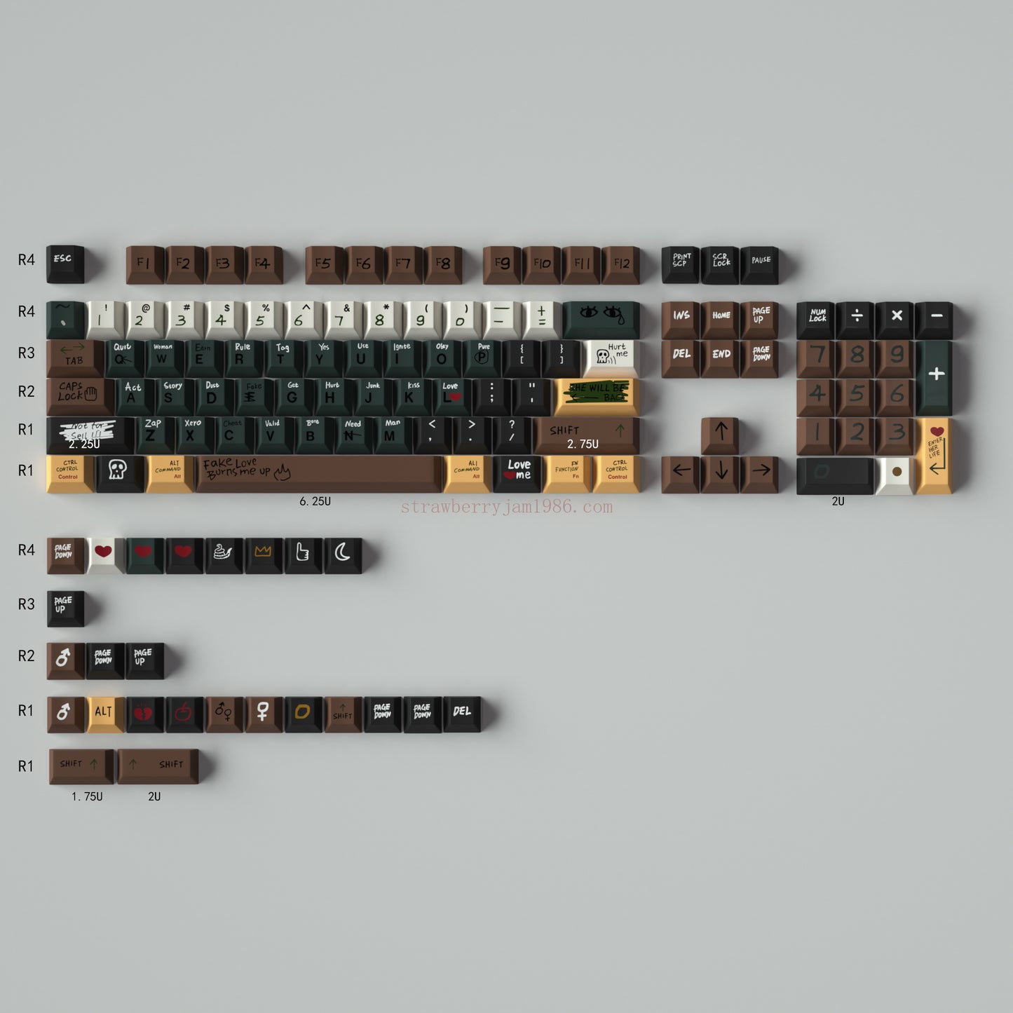 071 Love Story Retro Brown Green Black Dark Theme Cherry Profile Keycaps